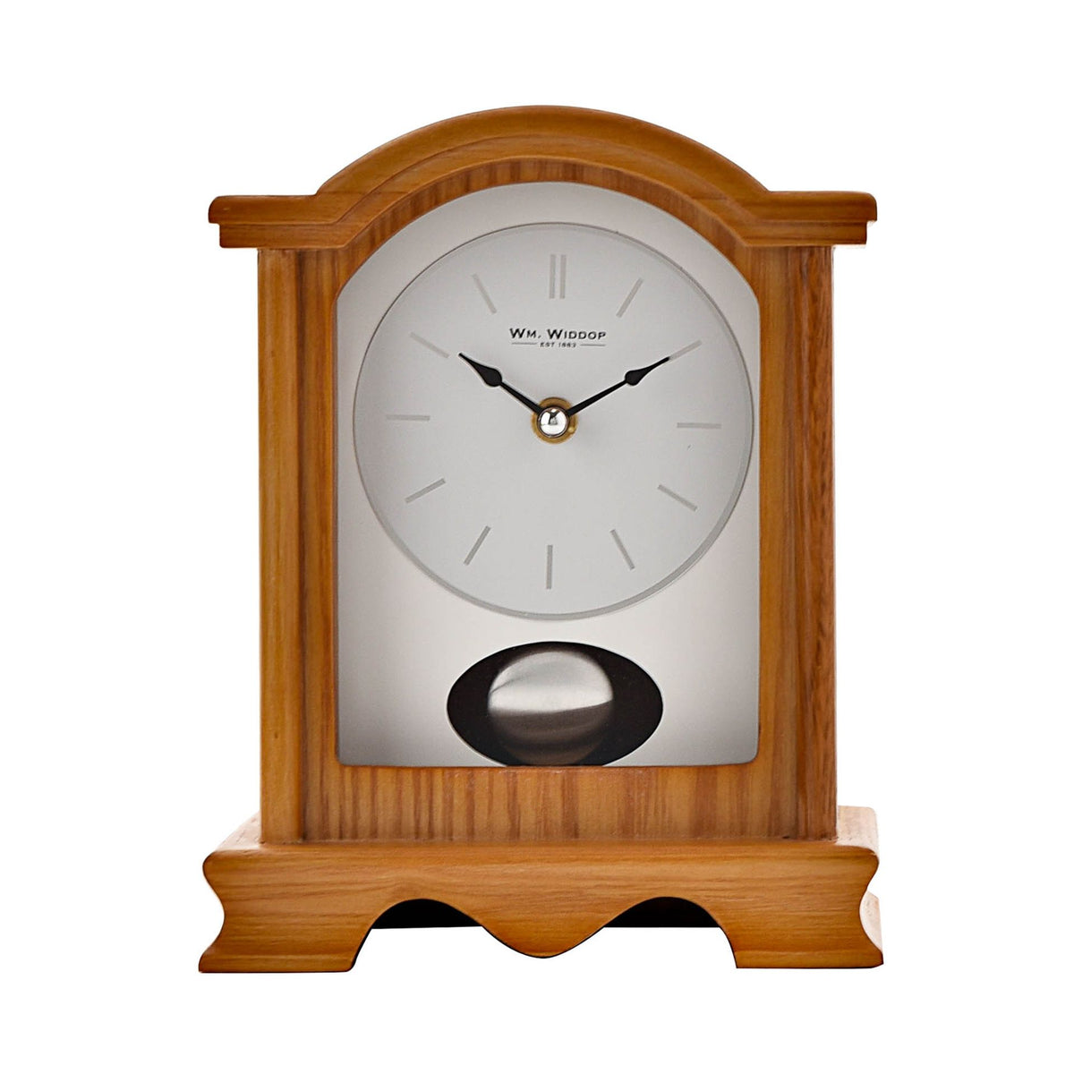 WM. Widdop Broken Arch Oak Finish Wooden Mantel Clock with Pendulum