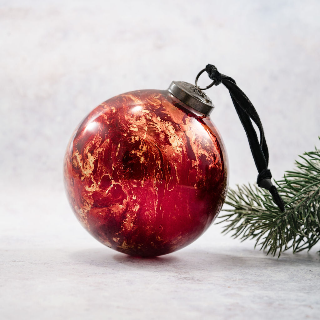 4" Red Marble Glass Bauble Christmas Tree Decoration Arthur Cameron