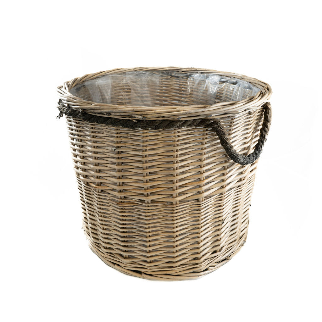 Light Grey Round with Rope Handles Wicker Lined Planter Basket