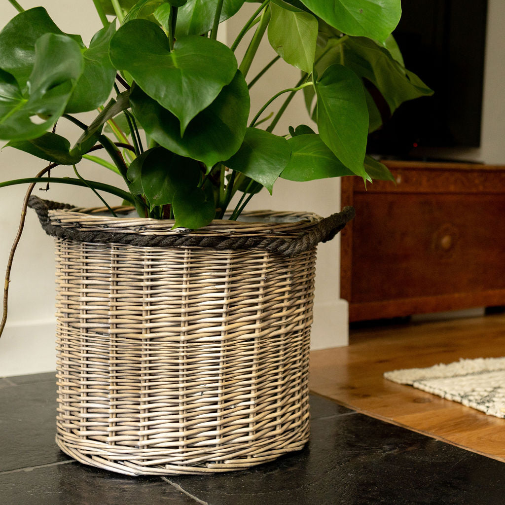 Light Grey Round with Rope Handles Wicker Lined Planter Basket