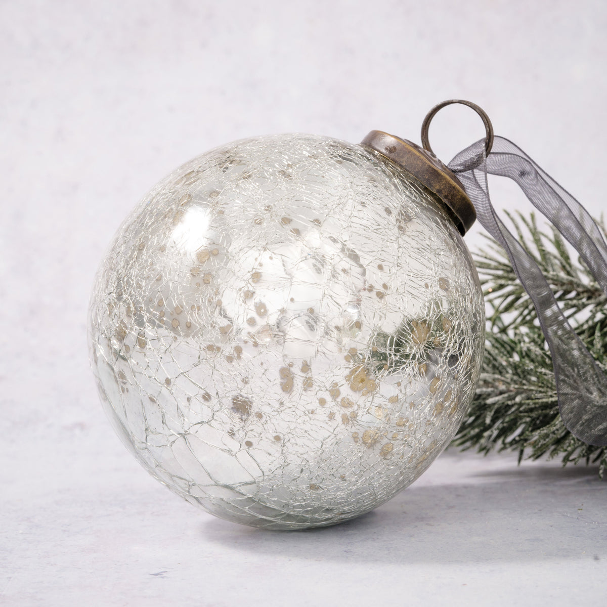 4 Extra Large Silver Crackle Glass Christmas Bauble Christmas Tree Decoration Arthur Cameron