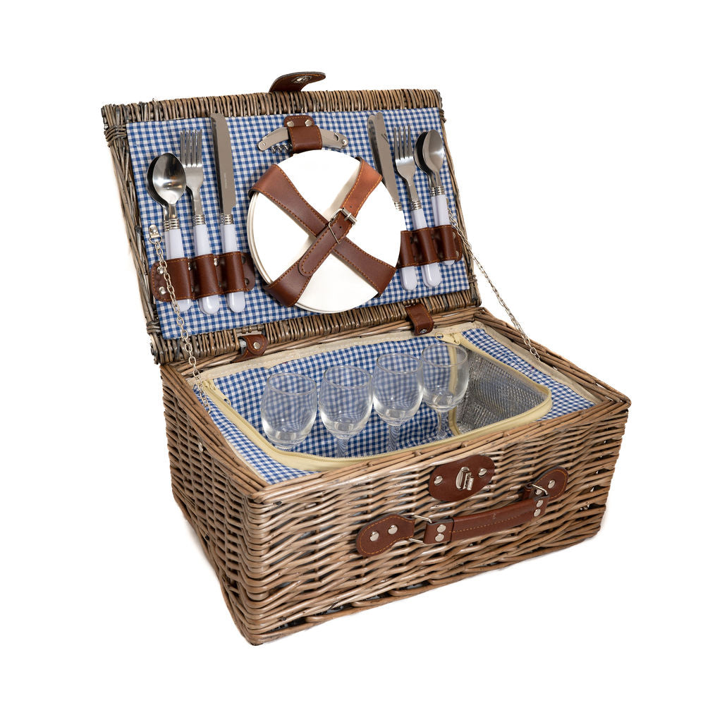 Deluxe Wicker Blue Gingham 4 Person Picnic Basket