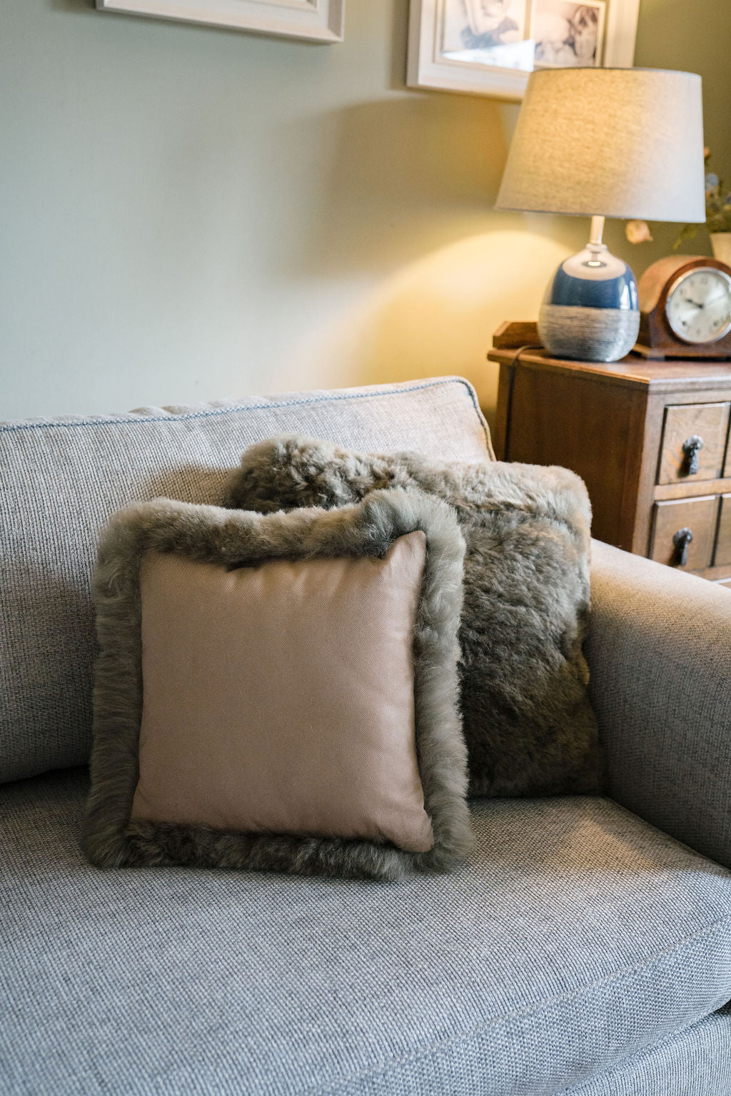 Luxury Icelandic Shorn Sheepskin Cushion with a Cotton Back in Olive