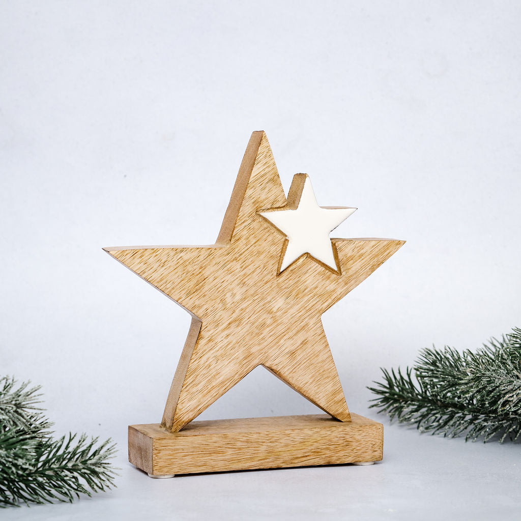 Hera - Medium Wooden Free Standing Star with Smaller Enamel Star
