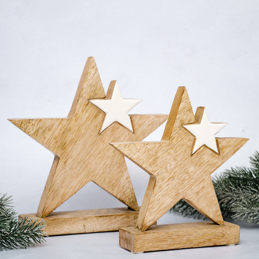 Hera - Medium Wooden Free Standing Star with Smaller Enamel Star