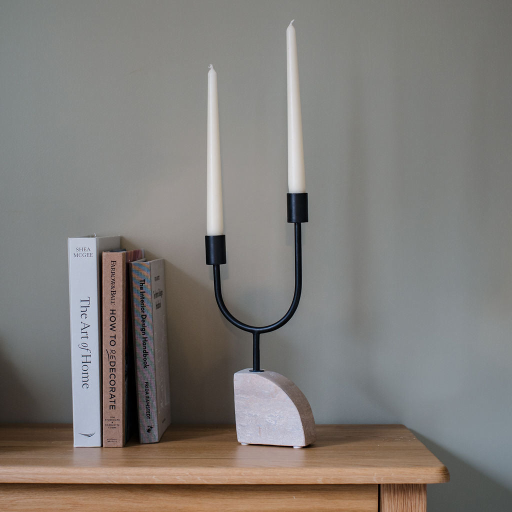 Camborne - Travertine and Black Iron Double Candlestick