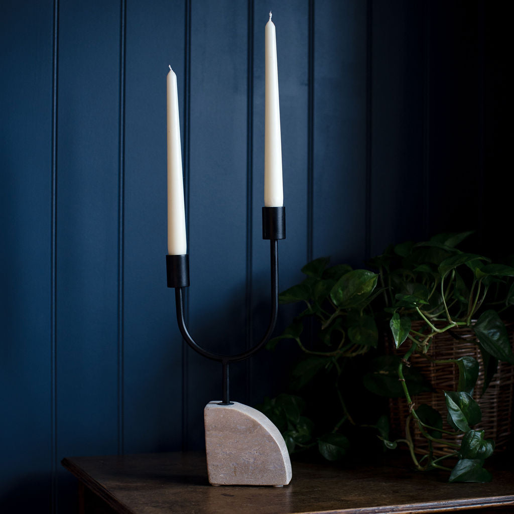 Camborne - Travertine and Black Iron Double Candlestick