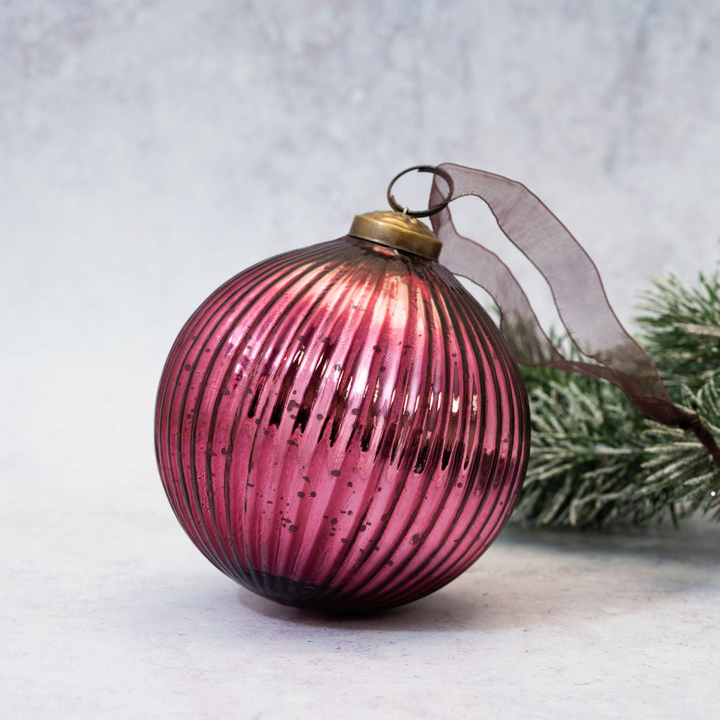 4" Mulberry Glass Ribbed Ball Decoration Arthur Cameron