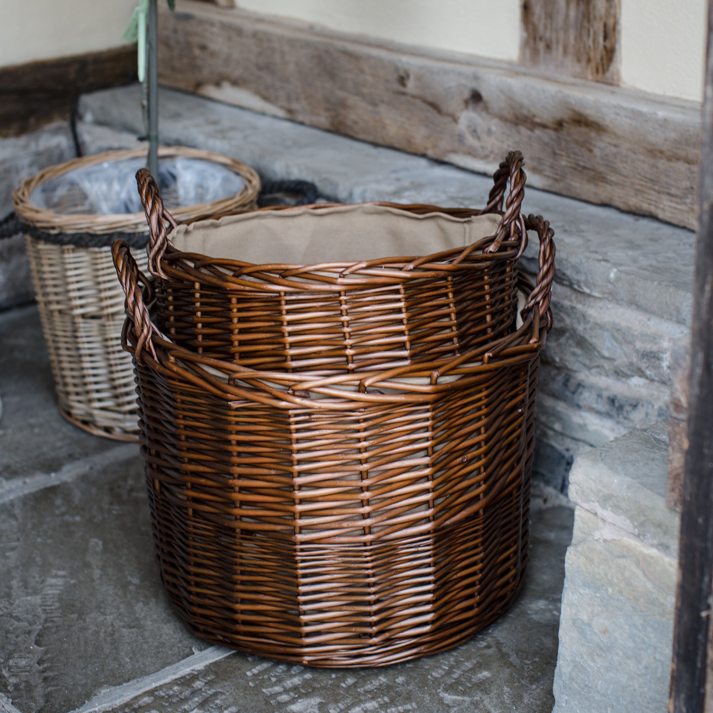 Distilled Brown Wicker Circular Log Basket with Lining