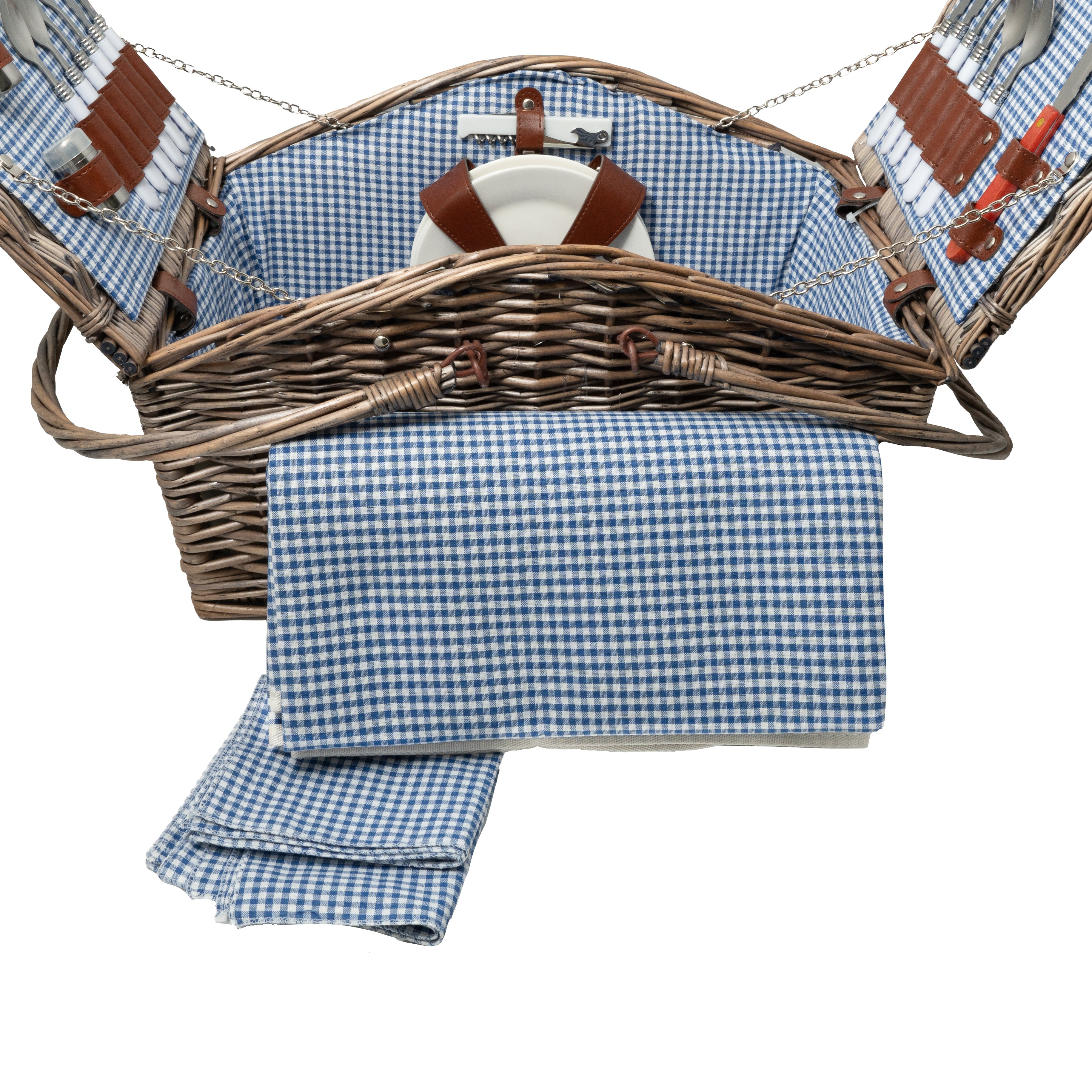 Deluxe Wicker Blue Gingham Lining 4 Person Picnic Basket