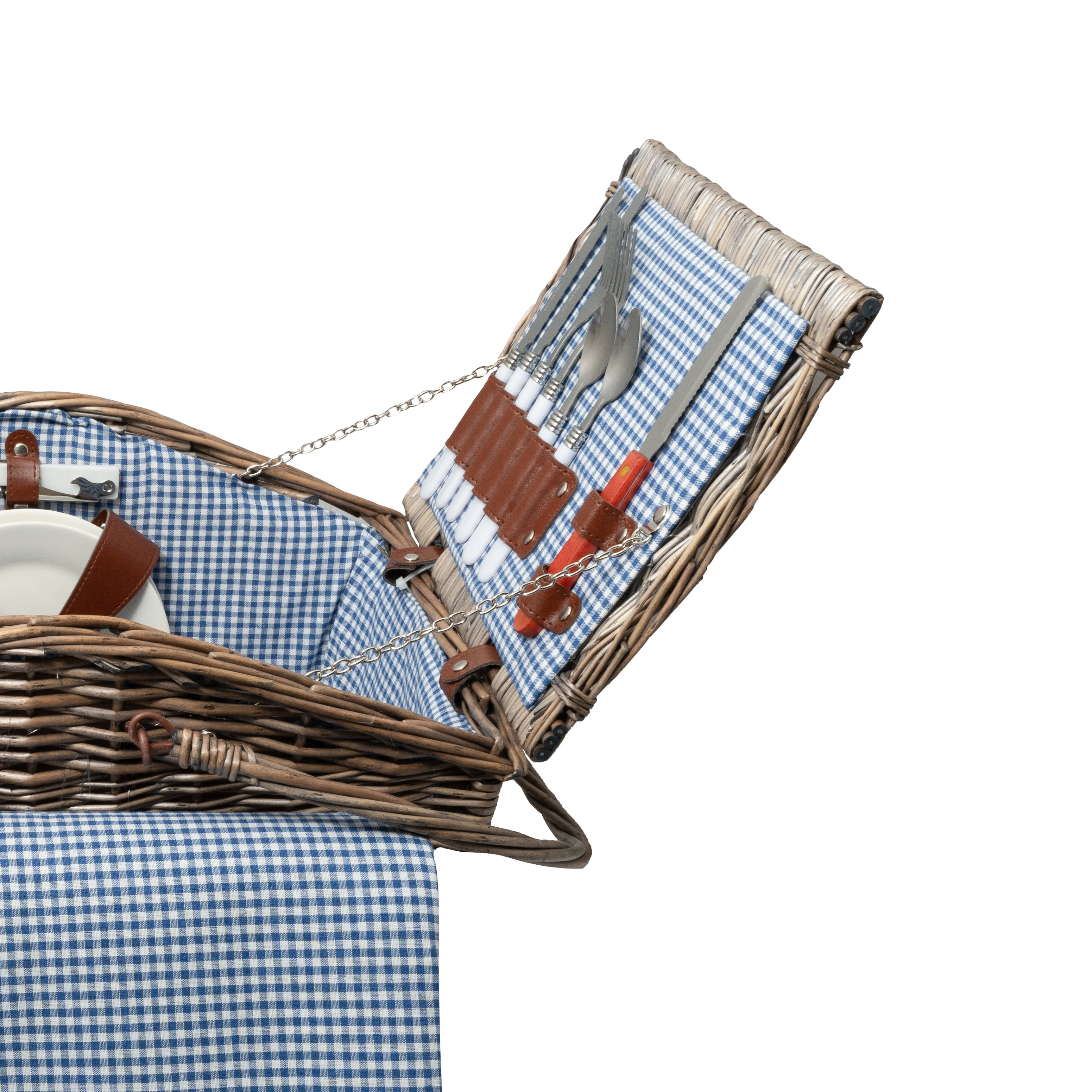 Deluxe Wicker Blue Gingham Lining 4 Person Picnic Basket