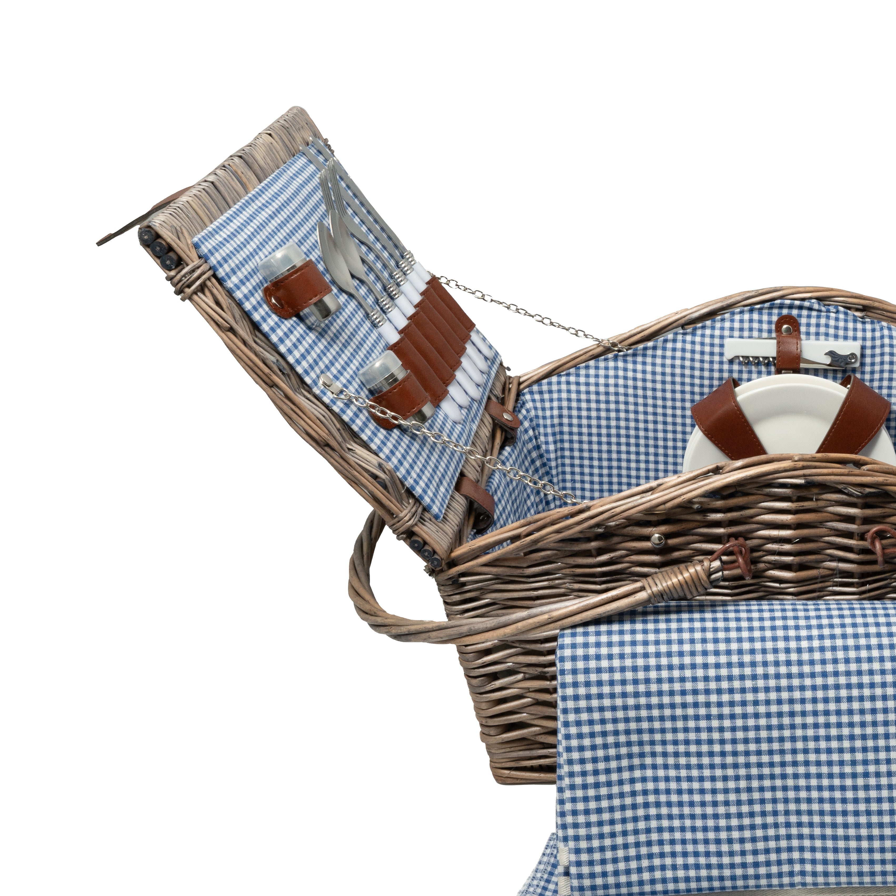 Deluxe Wicker Blue Gingham Lining 4 Person Picnic Basket