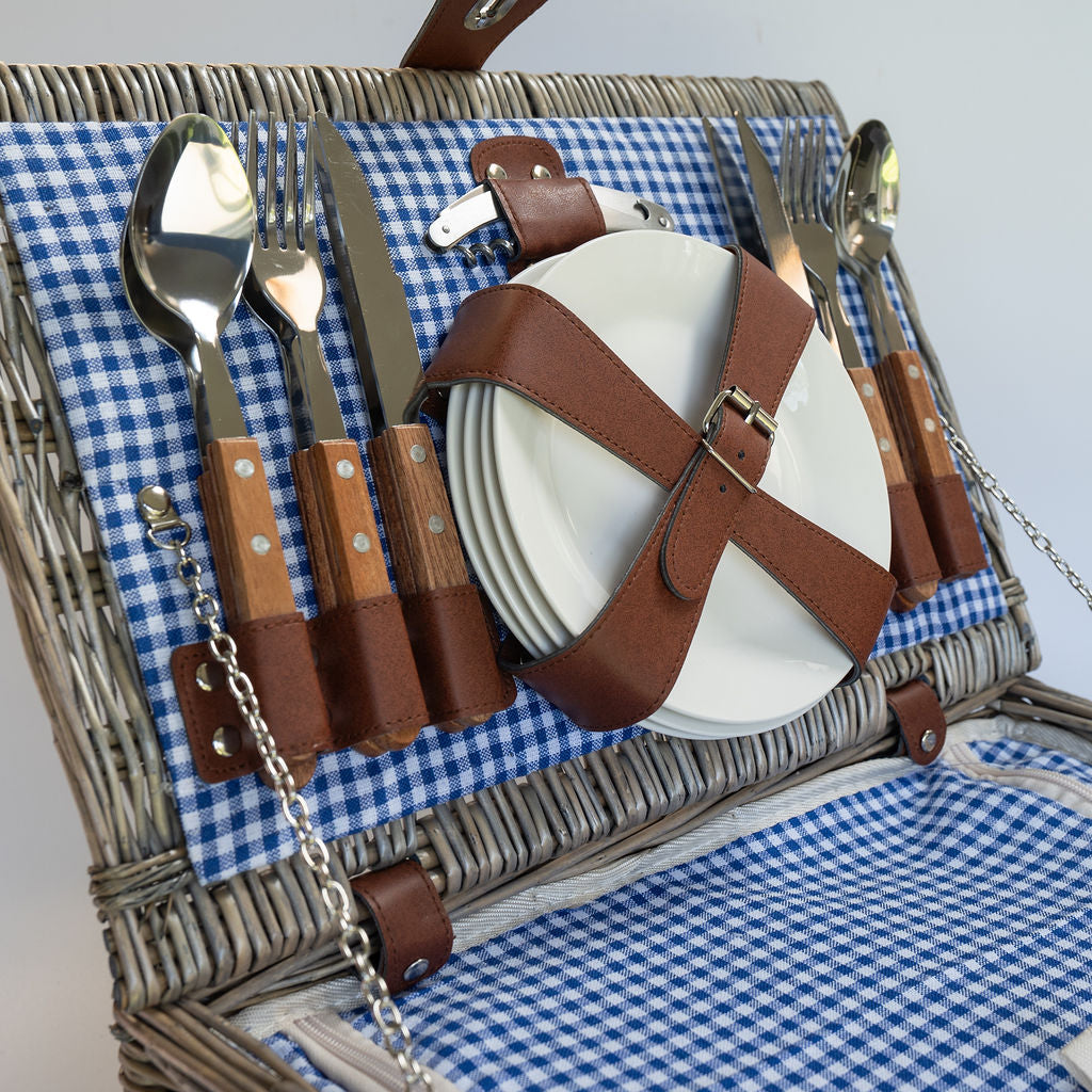 Deluxe 4 Person Antique Wash Wicker Blue Gingham Picnic Basket – Arthur ...