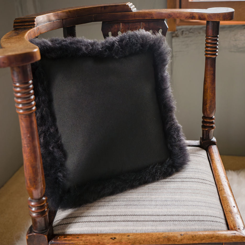 Luxury Icelandic Shorn Sheepskin Cushion with a Cotton Back in Black