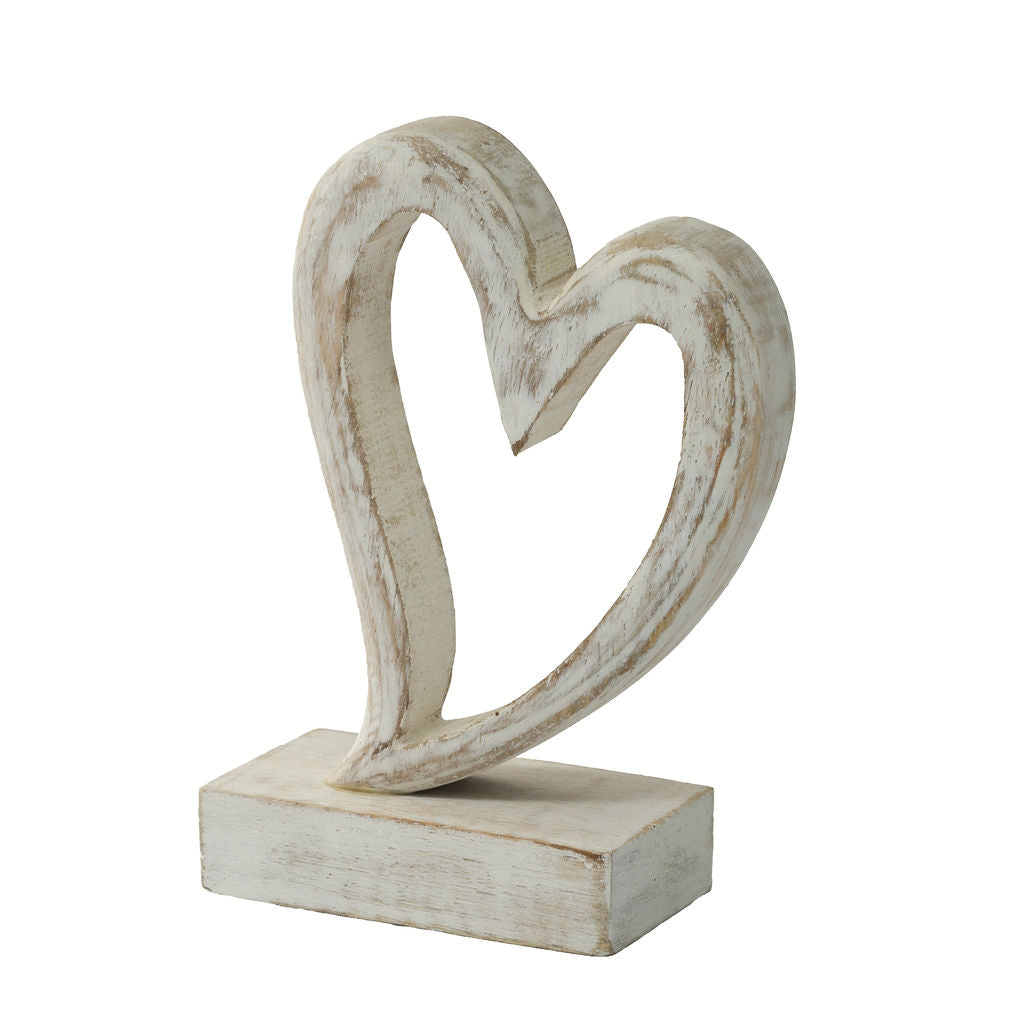 Avignon, Whitewashed, Decorative Wooden Hand-carved Heart