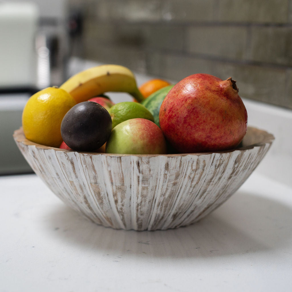 Antibes, Large Whitewashed Wooden Handcarved Bowl