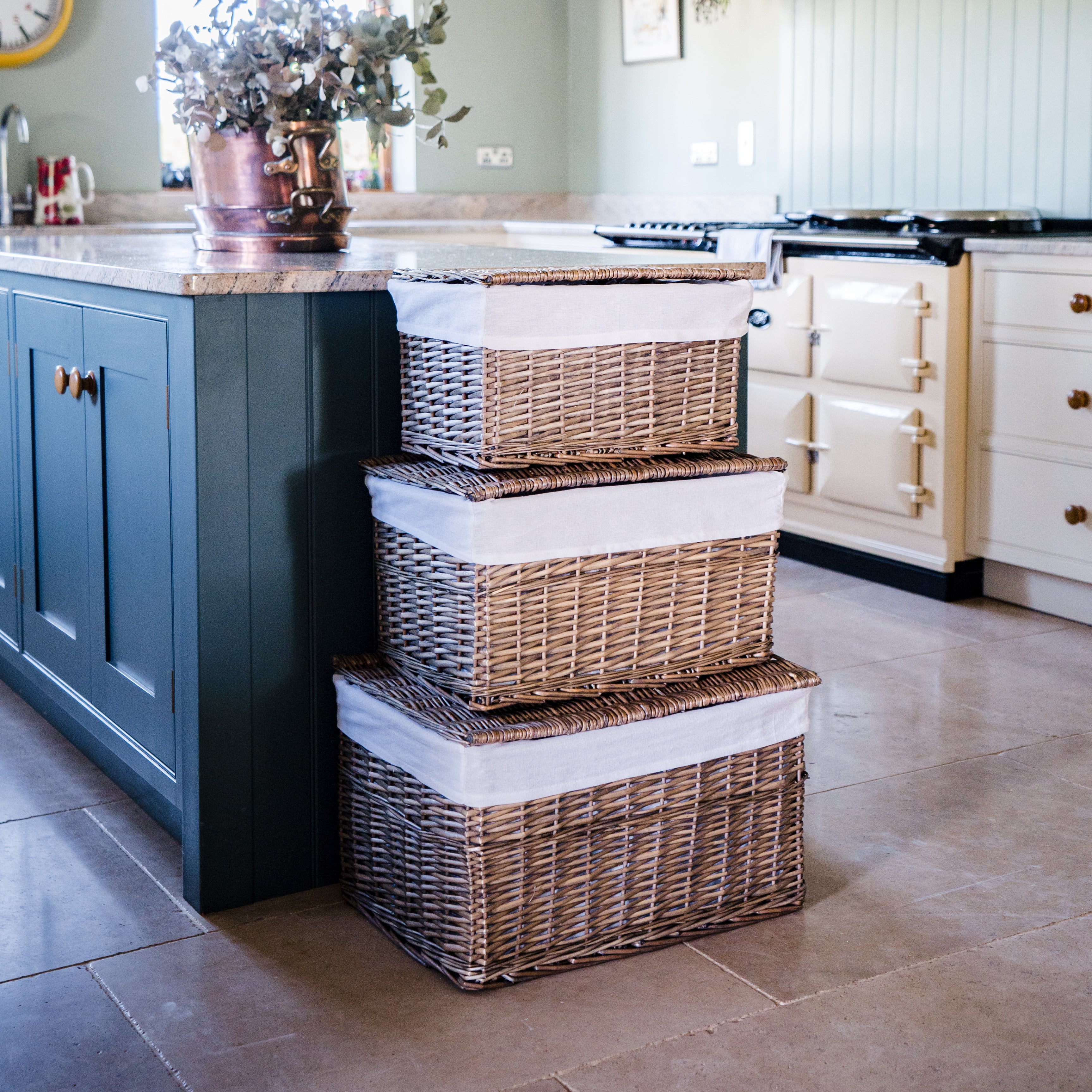 Antique Wash Lined Wicker Storage Basket