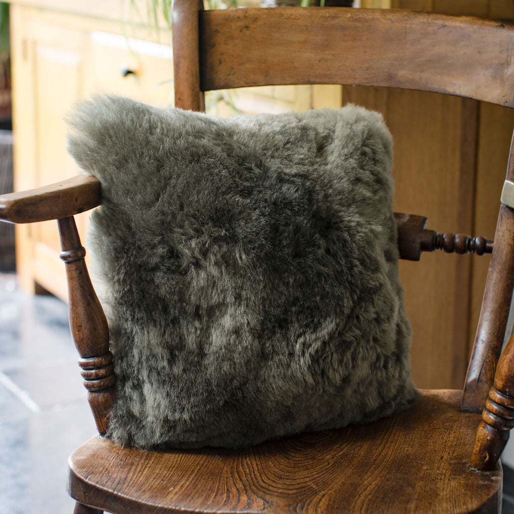 Luxury Icelandic Shorn Sheepskin Cushion with a Cotton Back in Olive