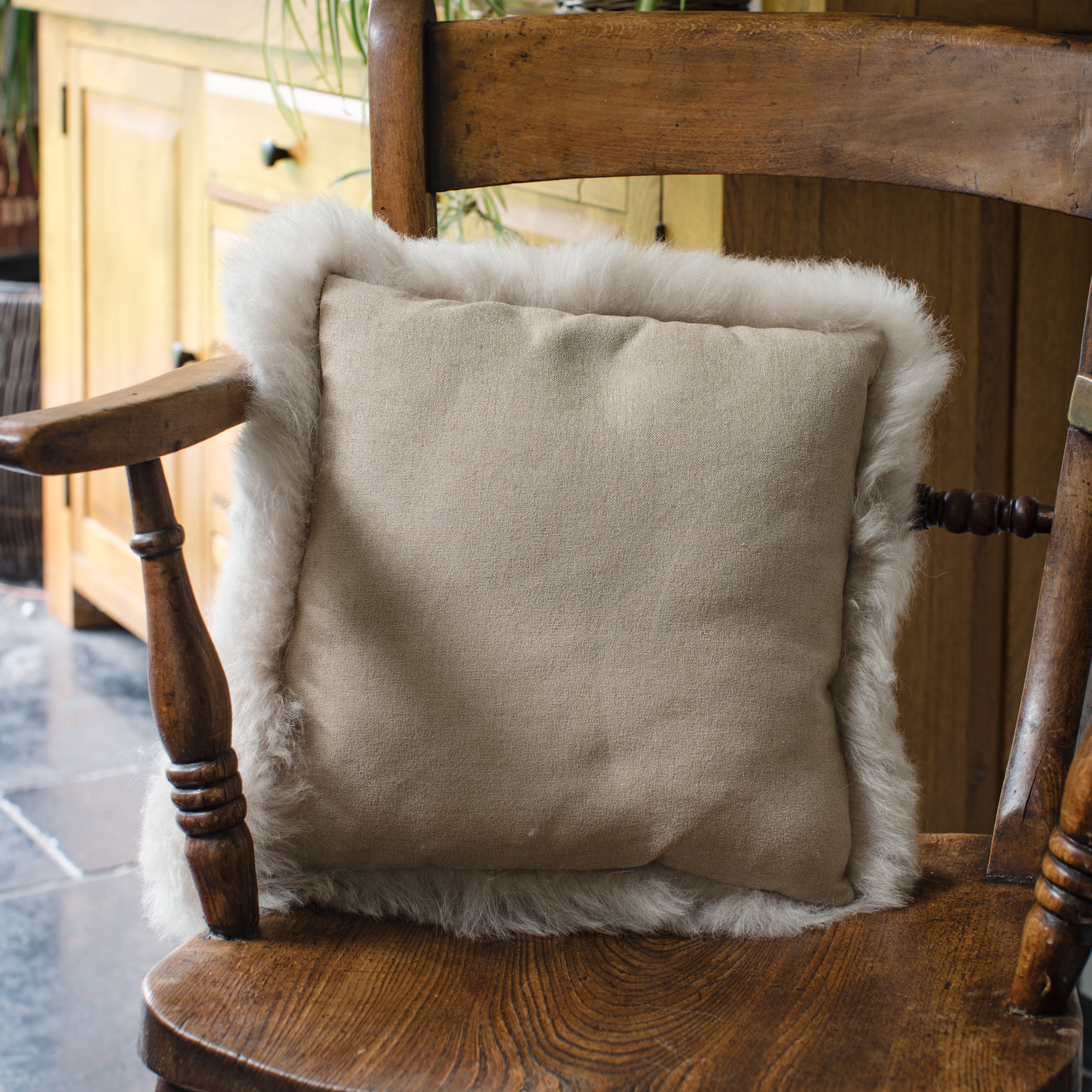 Luxury Icelandic Shorn Sheepskin Cushion with a Cotton Back in Linen