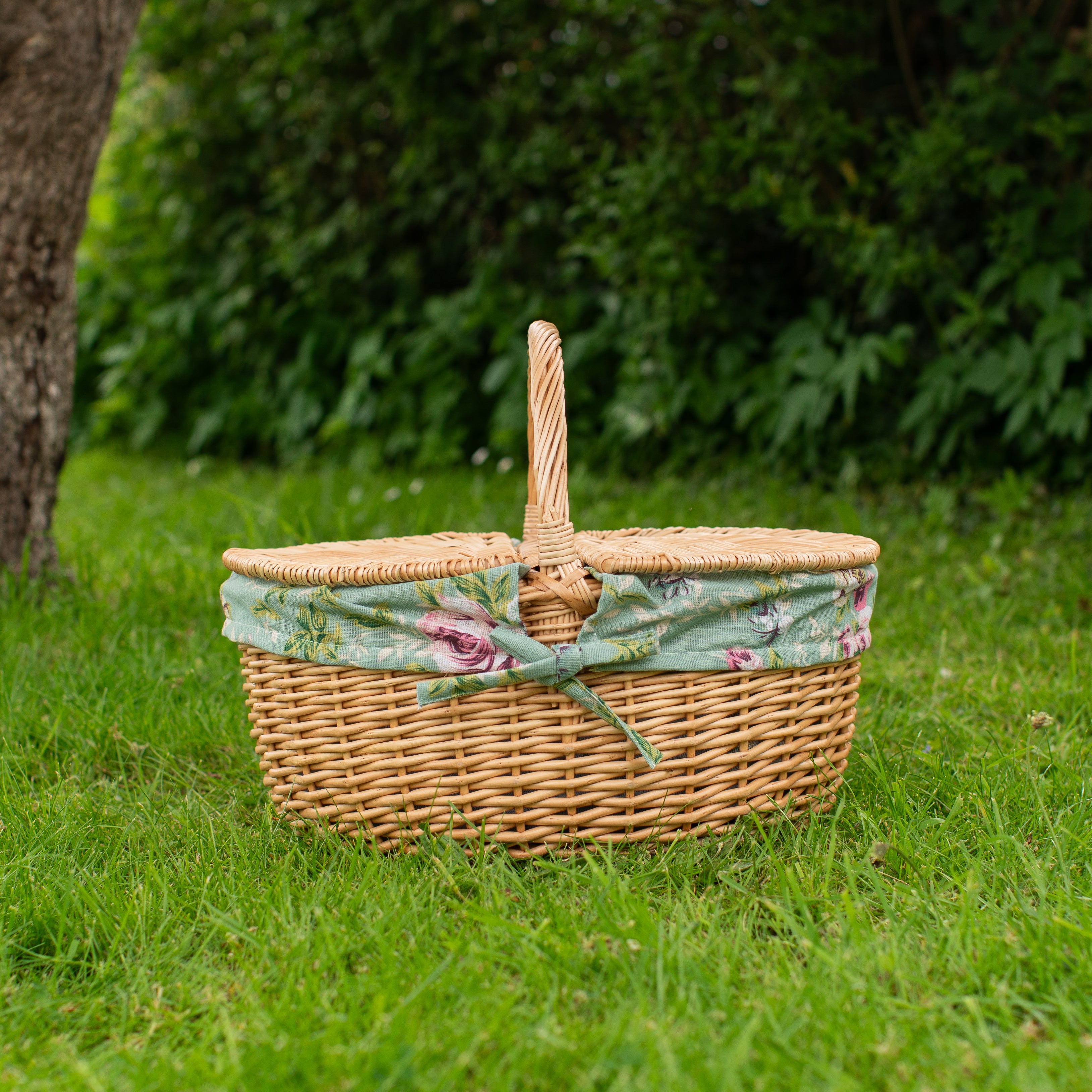 Natural Wicker Oval Picnic Basket with English Rose Lining