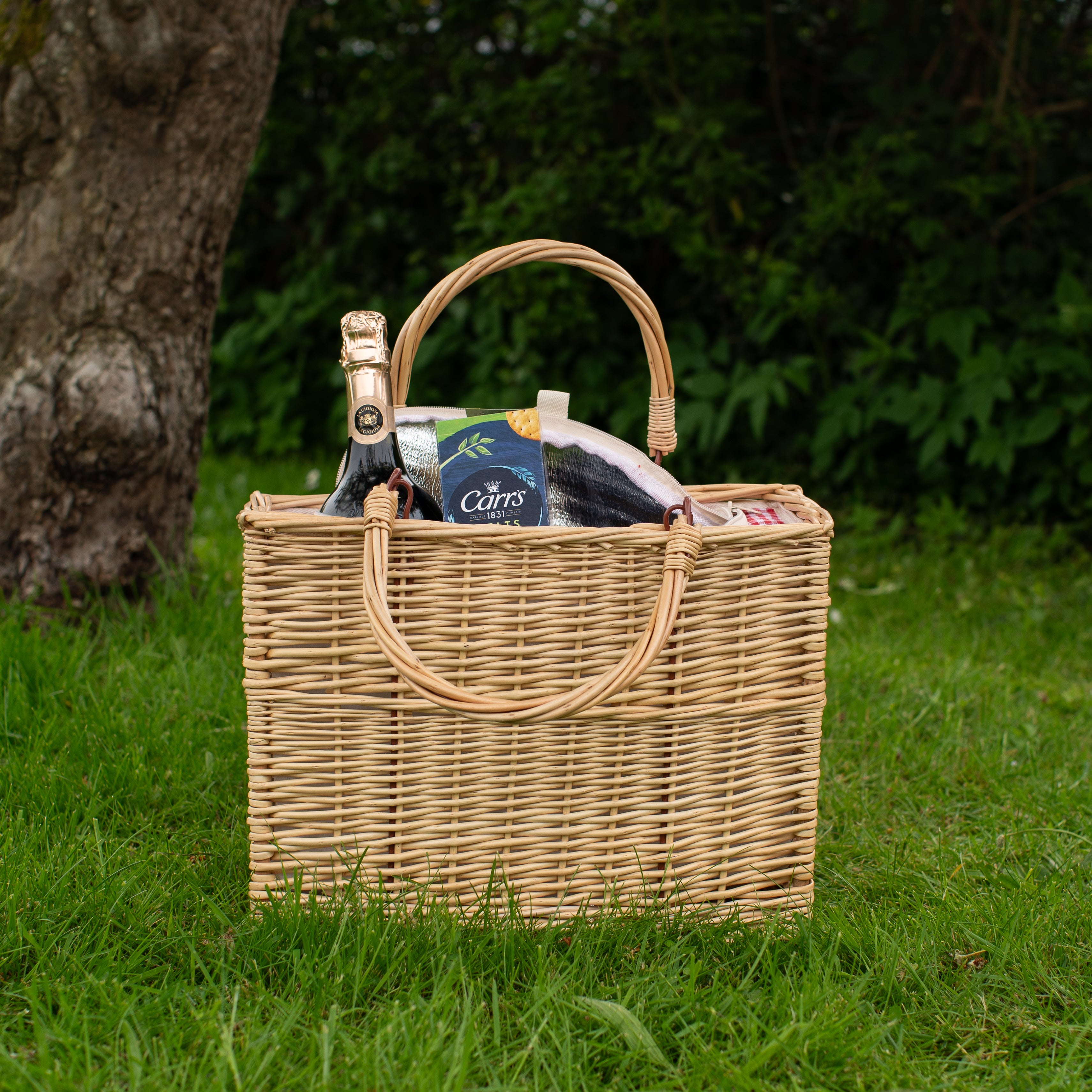 Tall Natural Wicker Cool Bag with a Red Gingham Lining