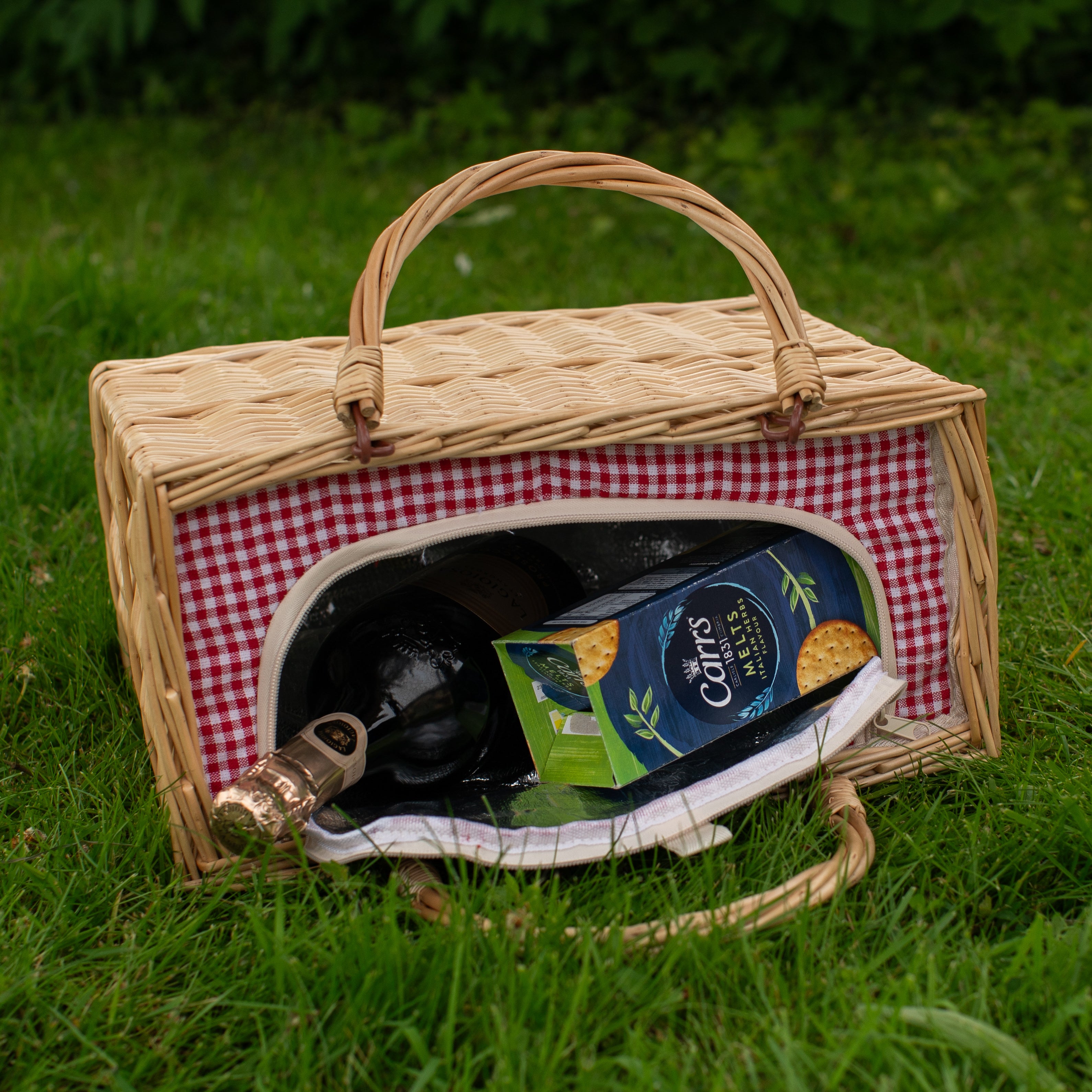 Tall Natural Wicker Cool Bag with a Red Gingham Lining