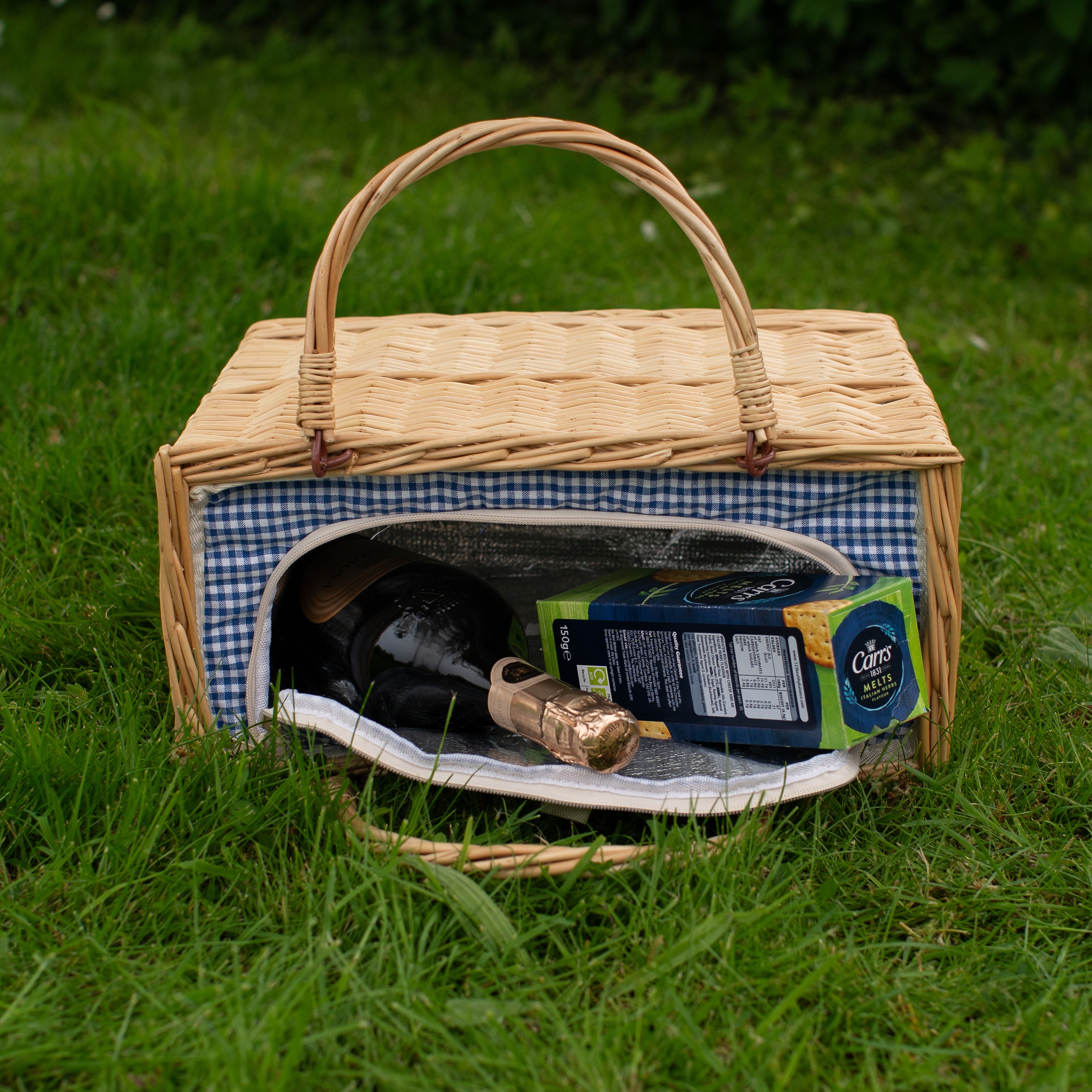 Tall Natural Wicker Cool Bag with a Blue Gingham Lining