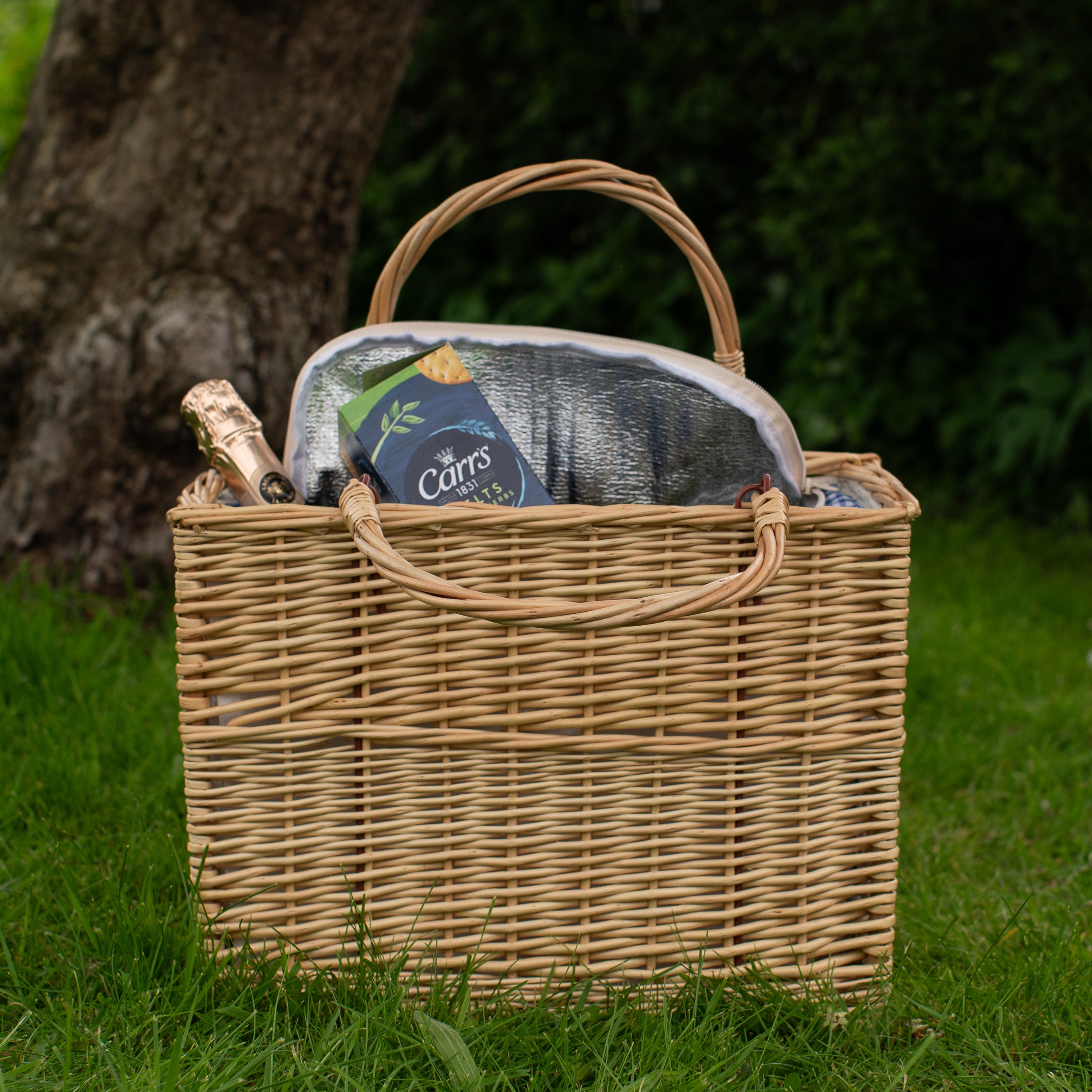 Tall Natural Wicker Cool Bag with a Blue Gingham Lining