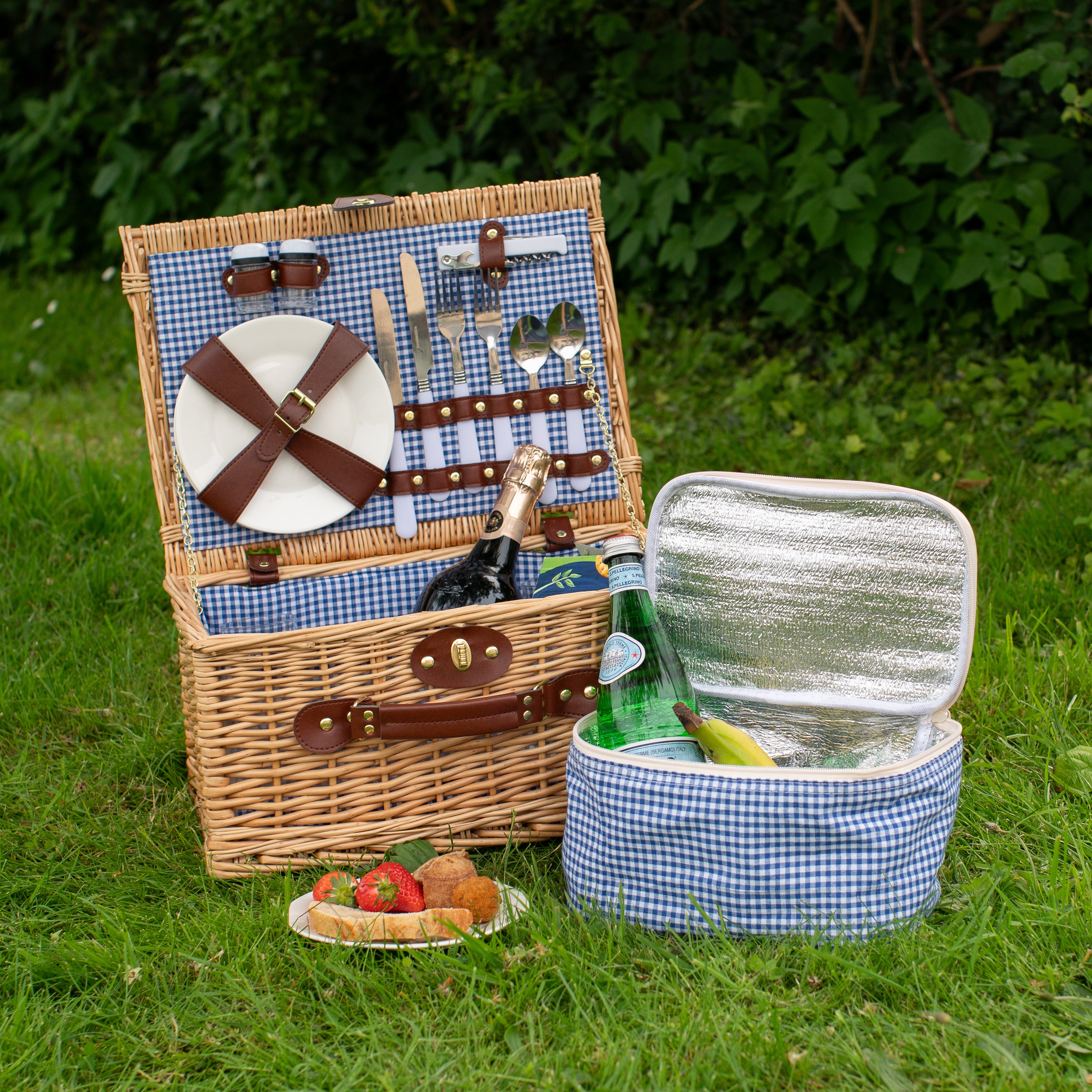 Natural Wicker 2-Person Picnic Basket with Blue Gingham Lining