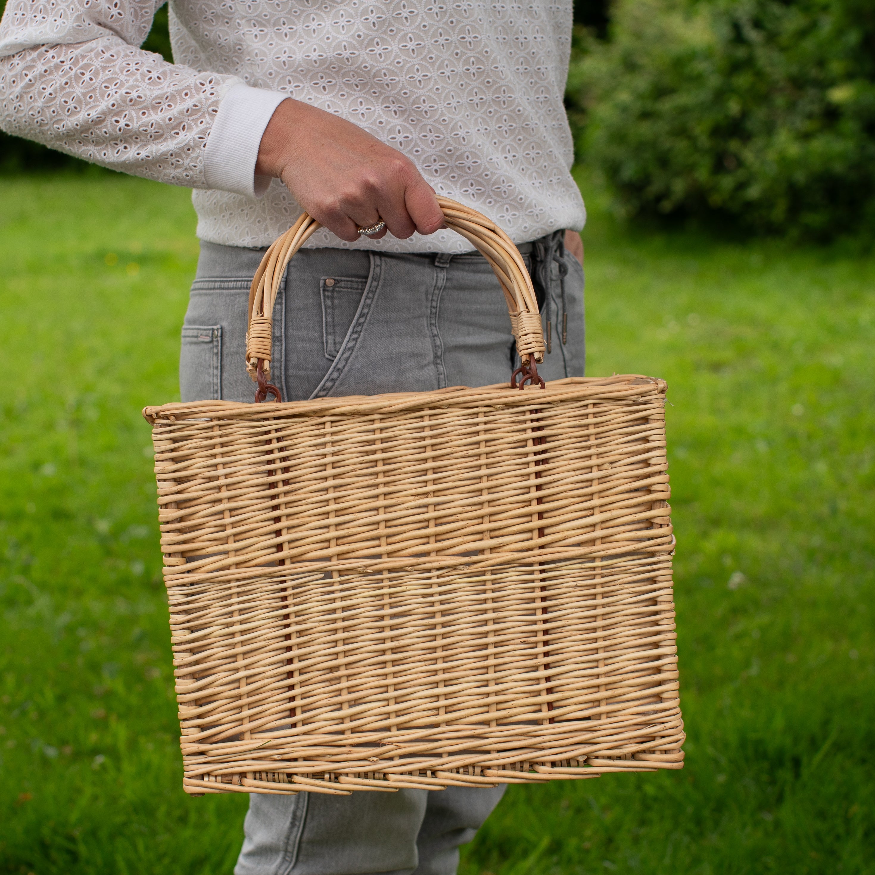 Tall Natural Wicker Cool Bag with a Blue Gingham Lining