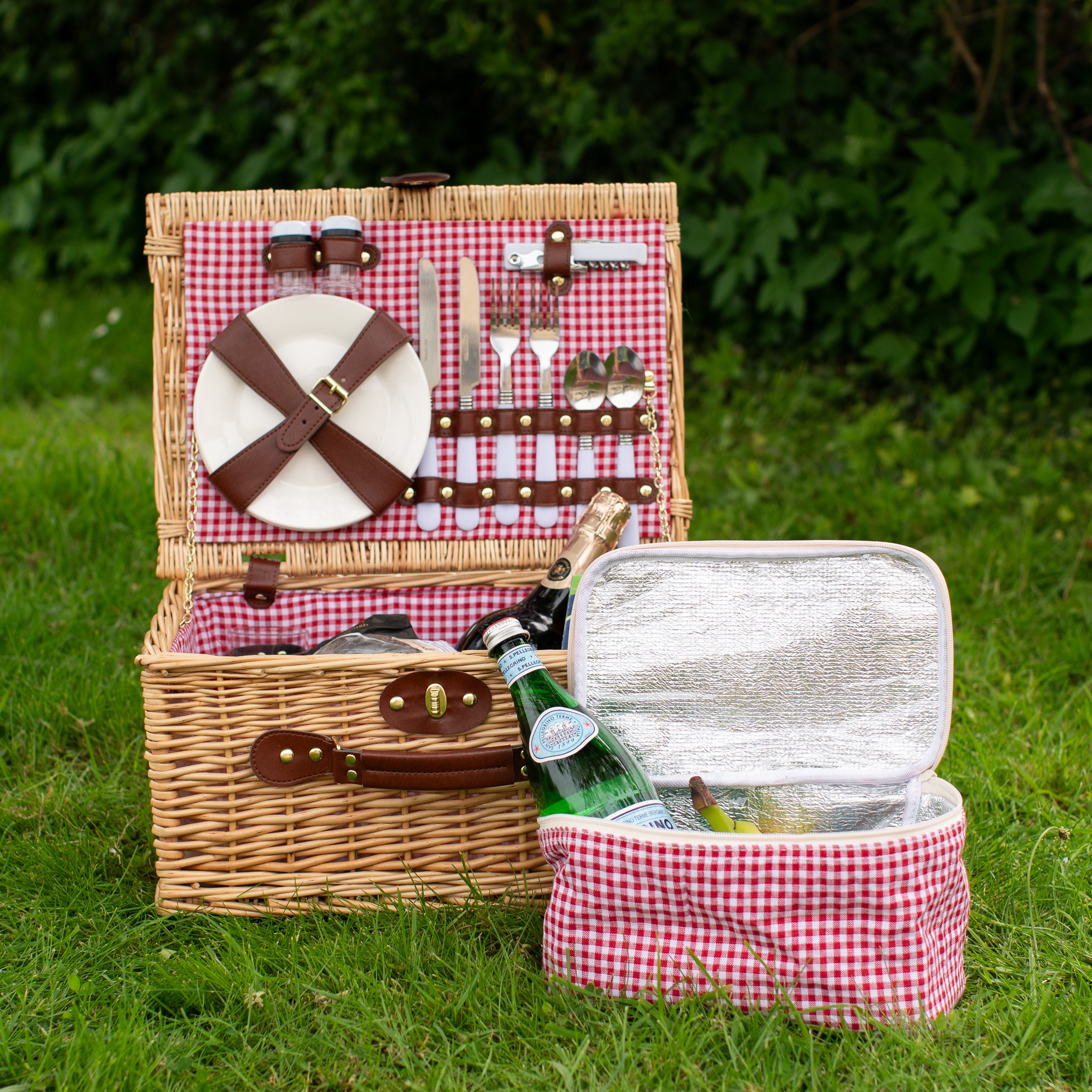 Natural Wicker 2-Person Picnic Basket with Red Gingham Lining