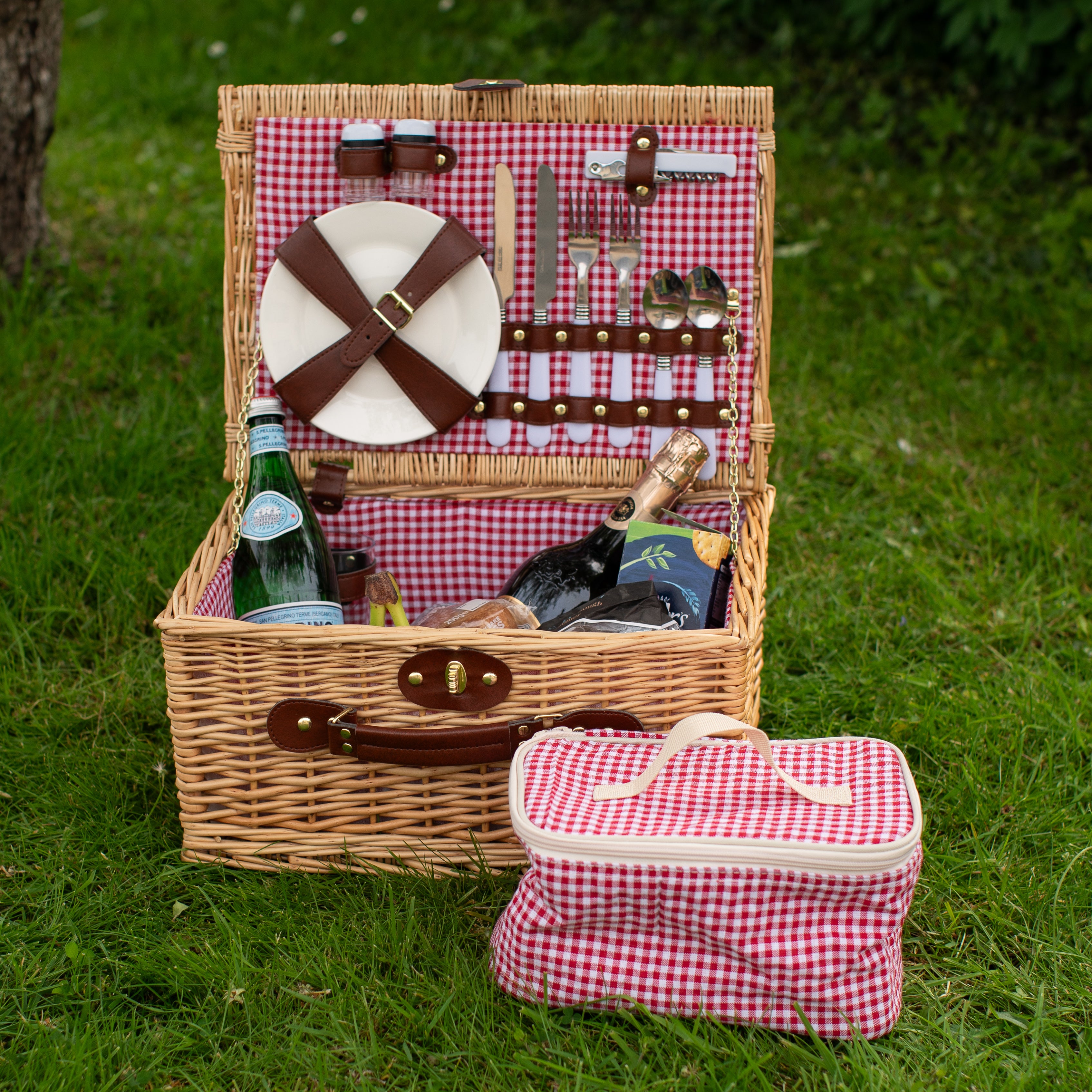 Natural Wicker 2-Person Picnic Basket with Red Gingham Lining