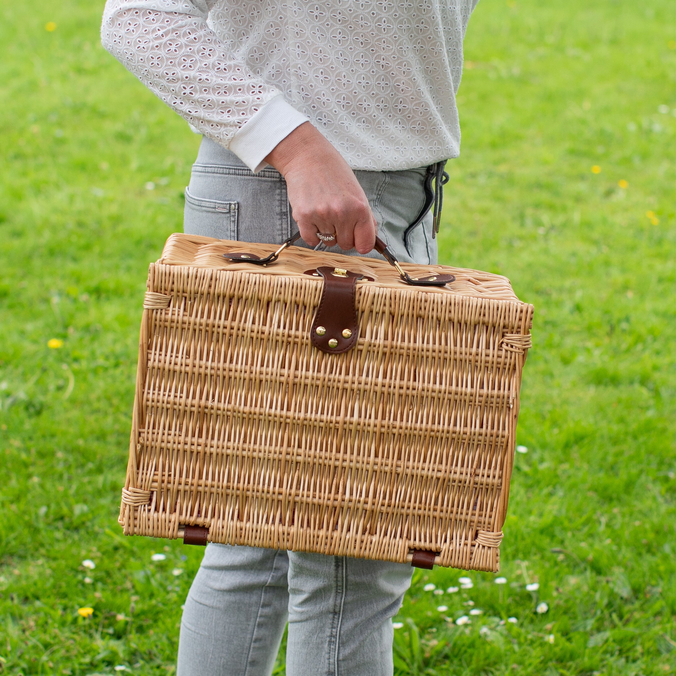 Natural Wicker 2-Person Picnic Basket with Blue Gingham Lining