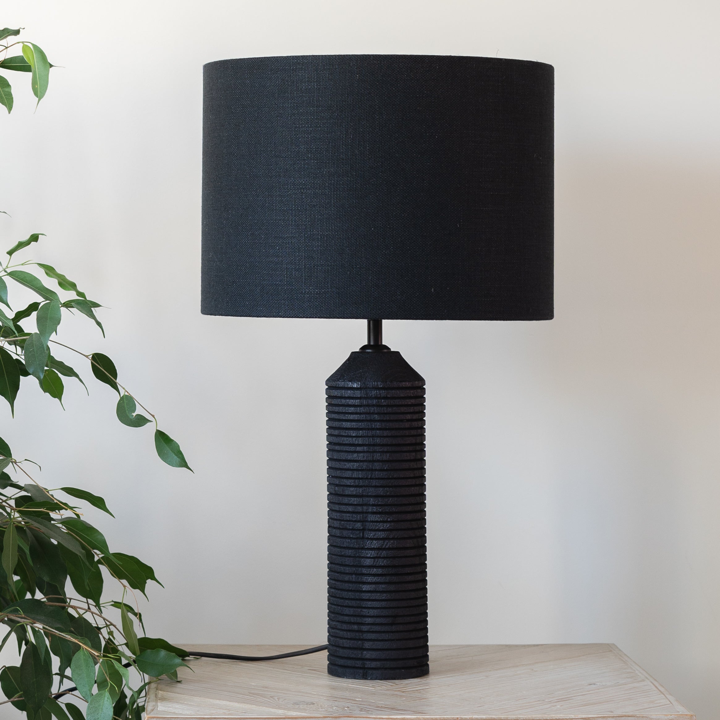 Paolo Mango Wood Carved Black Table Lamp with a Black Linen Shade