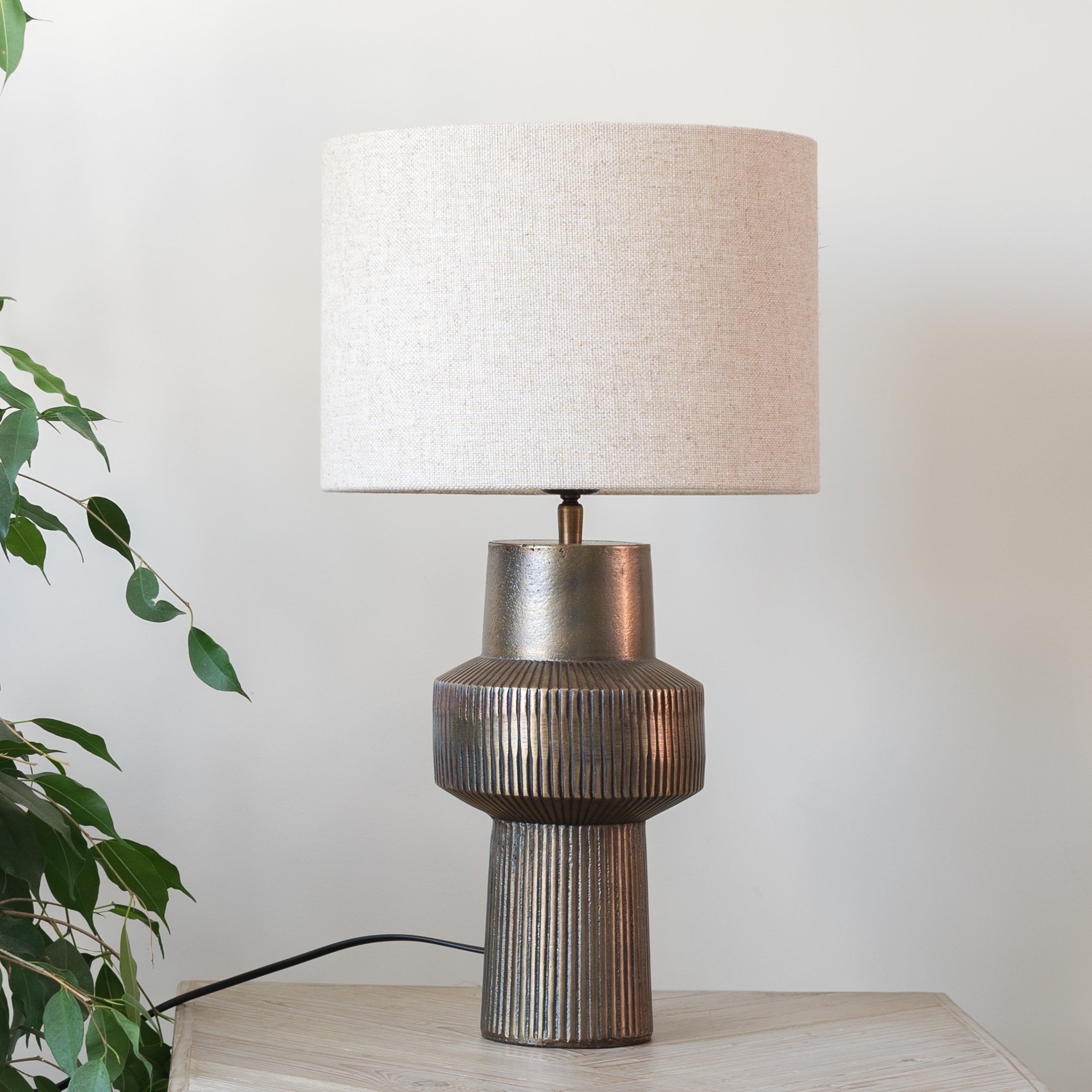 Briska Antique Bronze Table Lamp with Natural Linen Shade