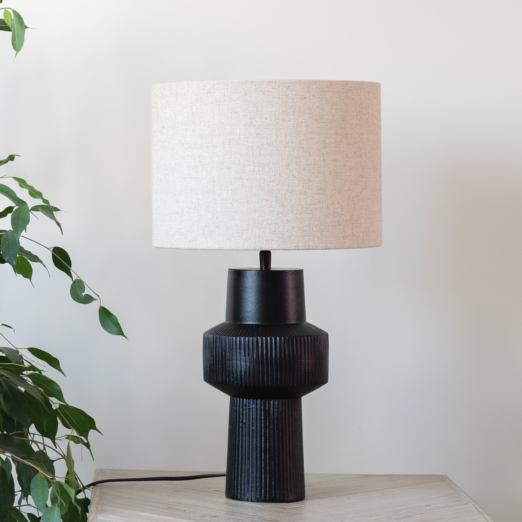 Briska Matt Black Table Lamp with Natural Linen Shade