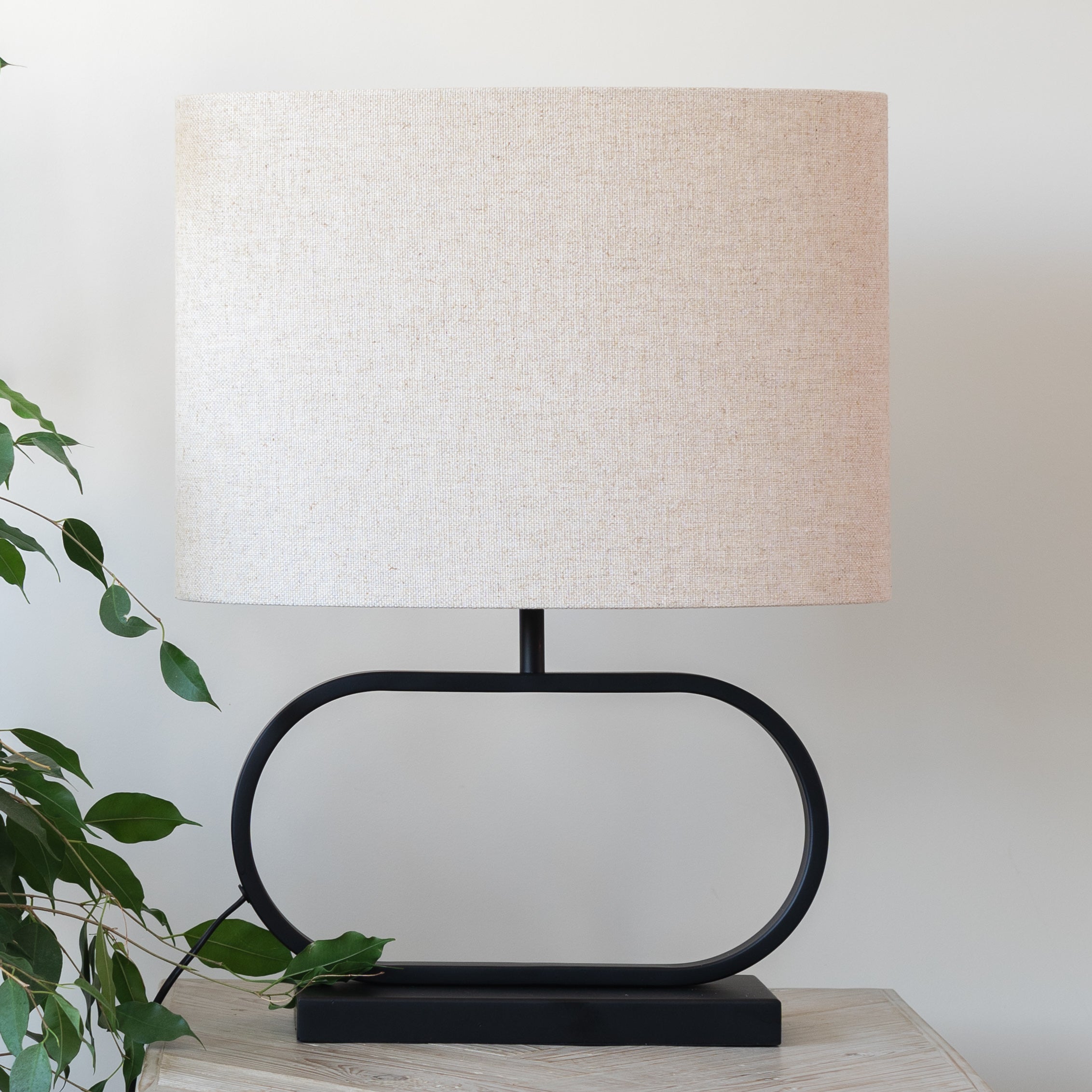 Jamiro Black Metal Oval Table Lamp with Natural Linen Shade