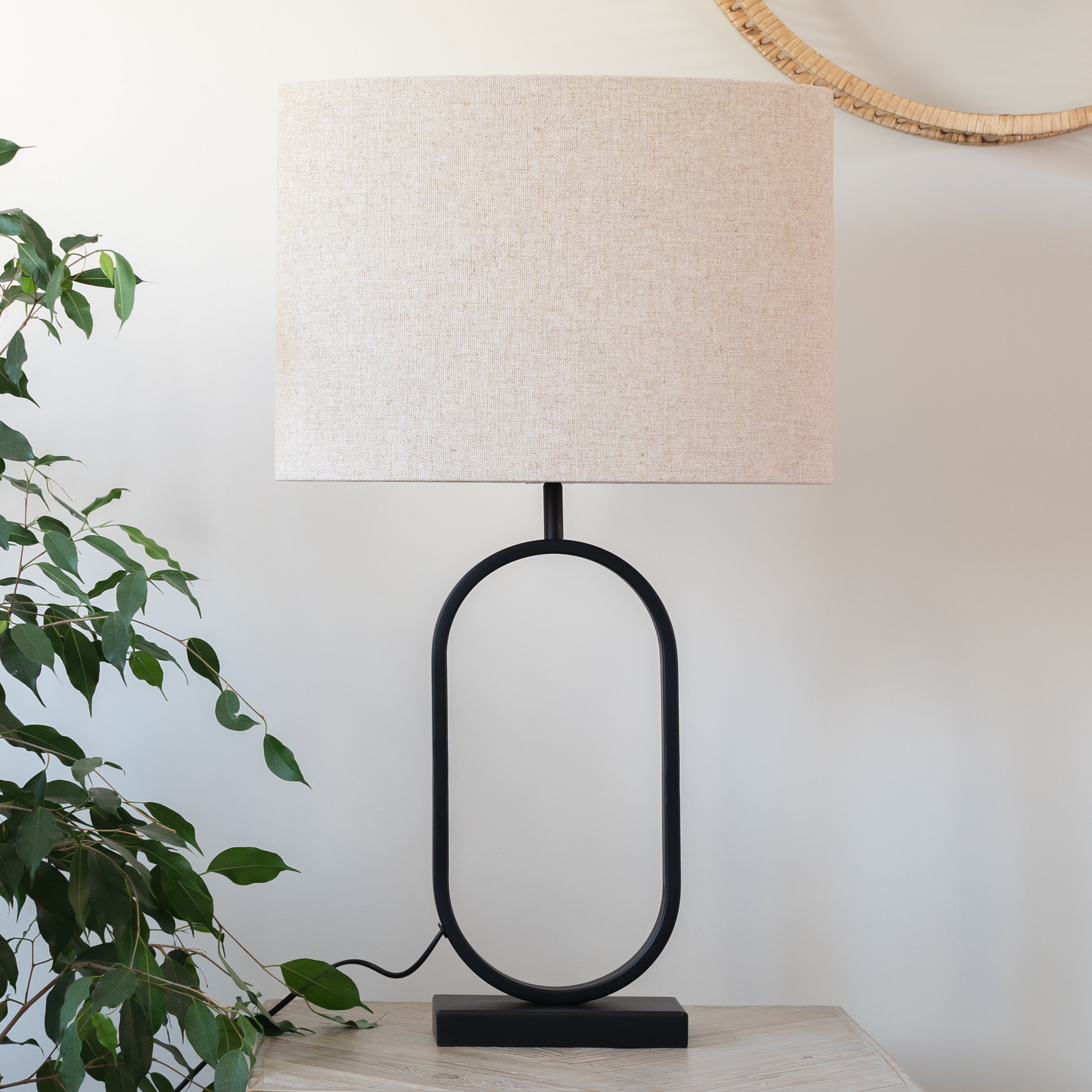 Jamiri Black Metal Oval Table Lamp with Natural Linen Shade