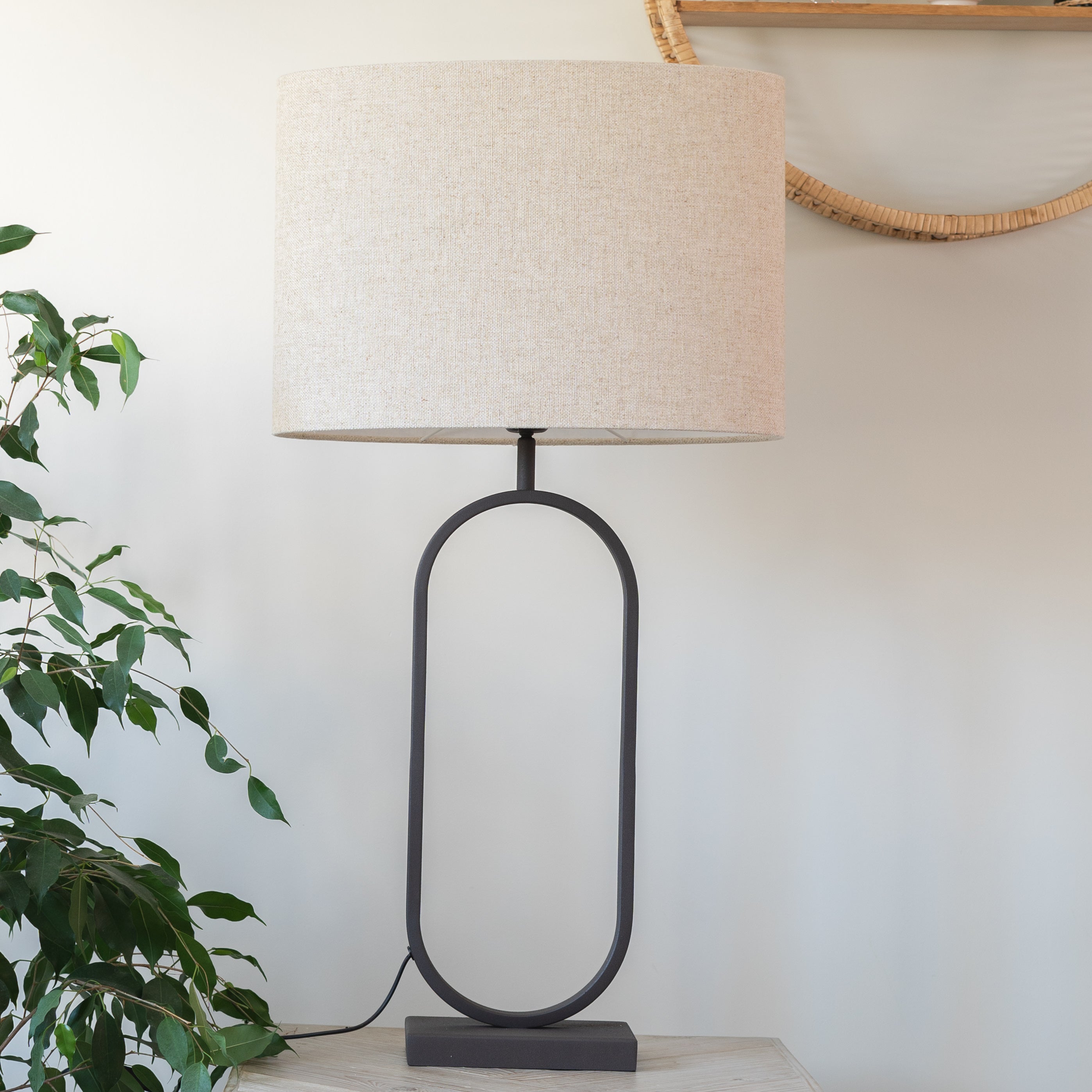 Jamiri Brown Metal Oval Table Lamp with Natural Linen Shade