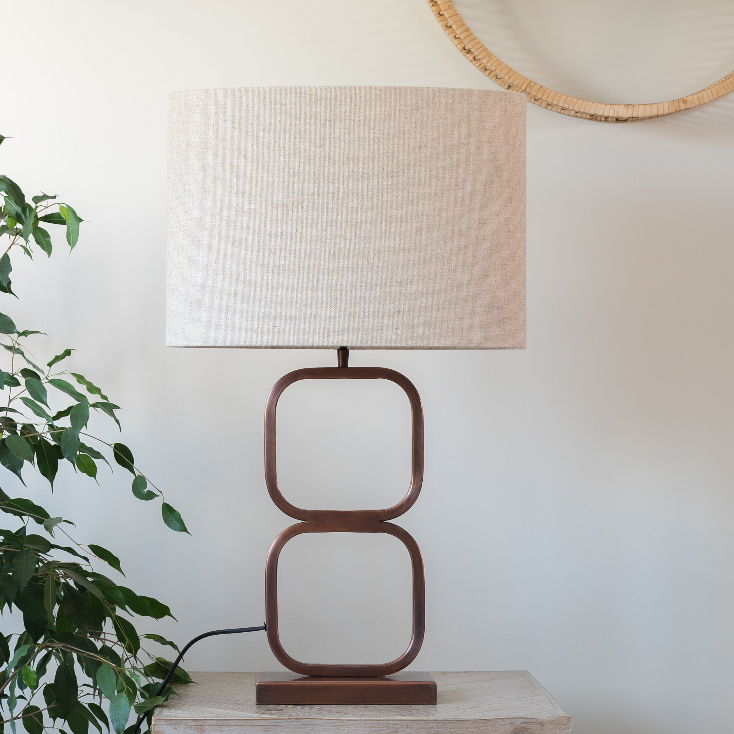 Lutika Antique Copper Stacked Table Lamp with Natural Linen Shade ...