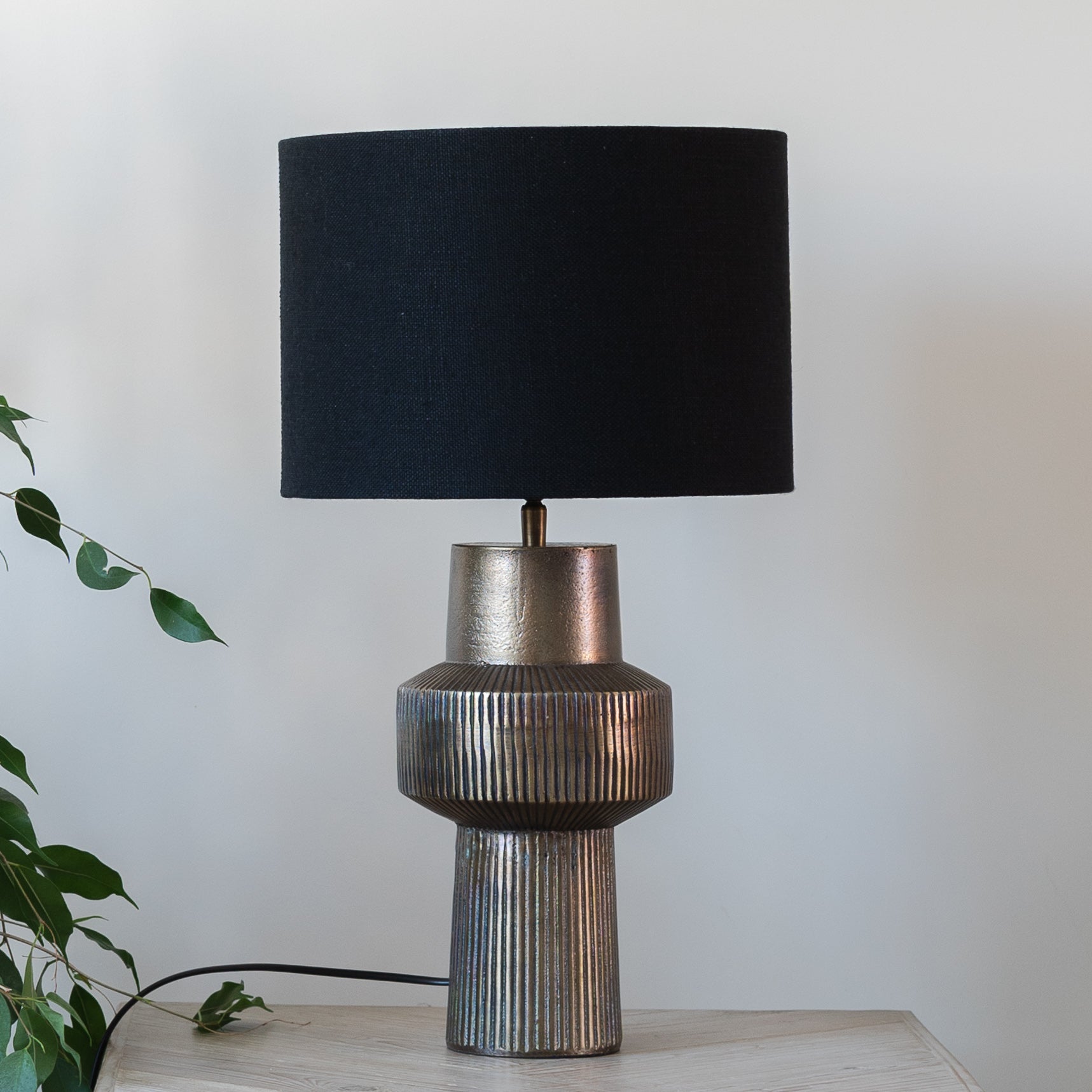 Briska Antique Bronze Table Lamp with Black Linen Shade