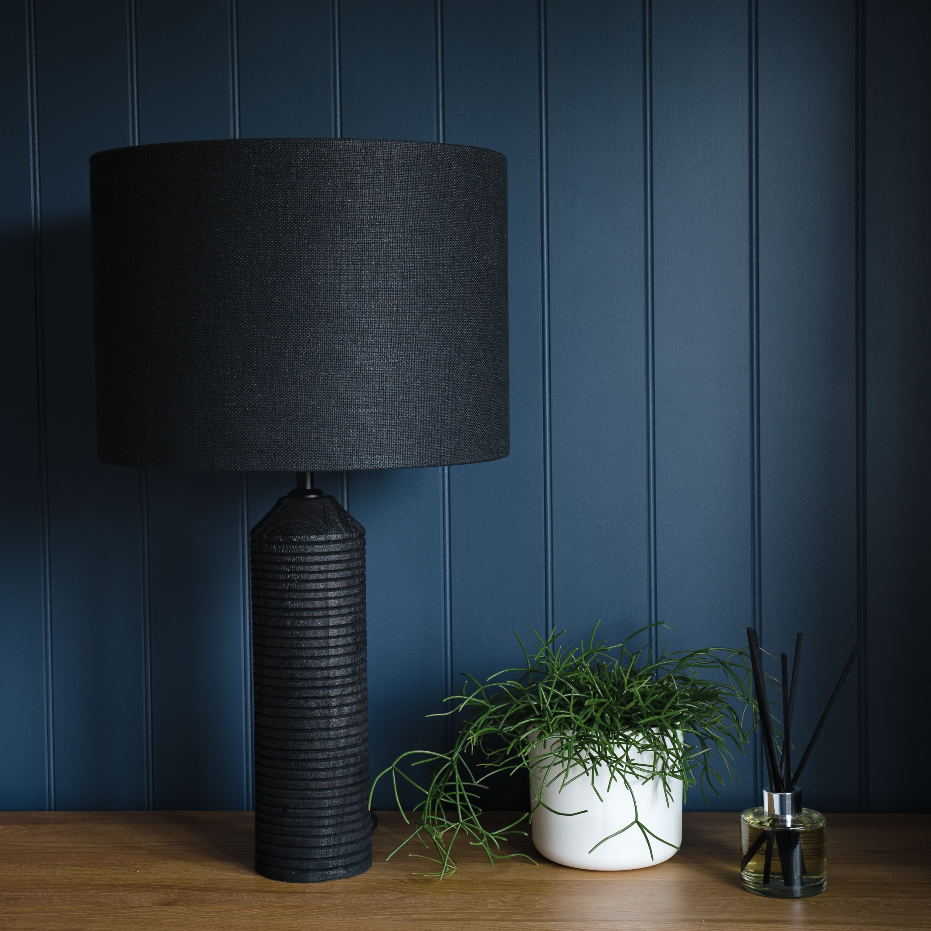 Paolo Mango Wood Carved Black Table Lamp with a Black Linen Shade