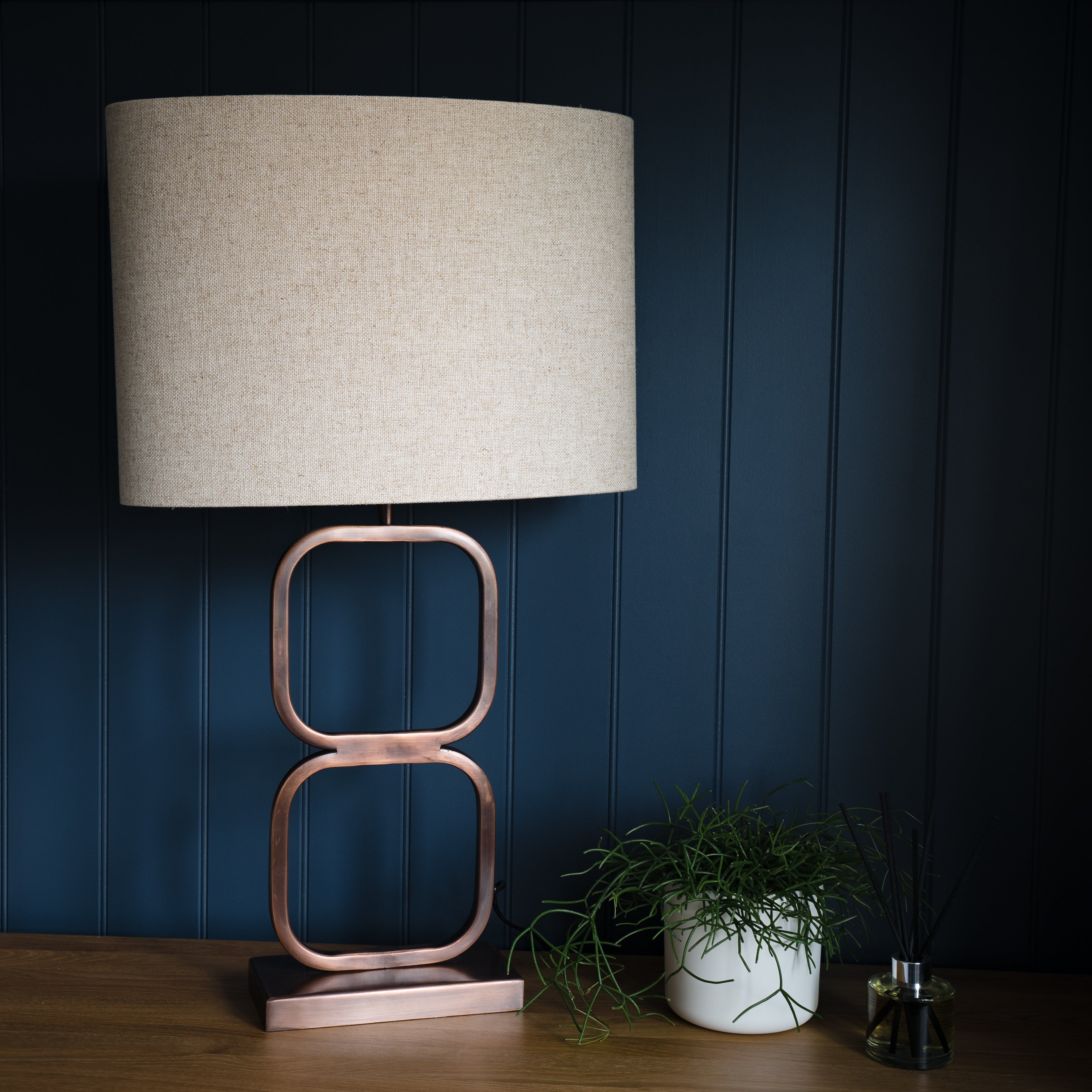 Lutika Antique Copper Stacked Table Lamp with Natural Linen Shade