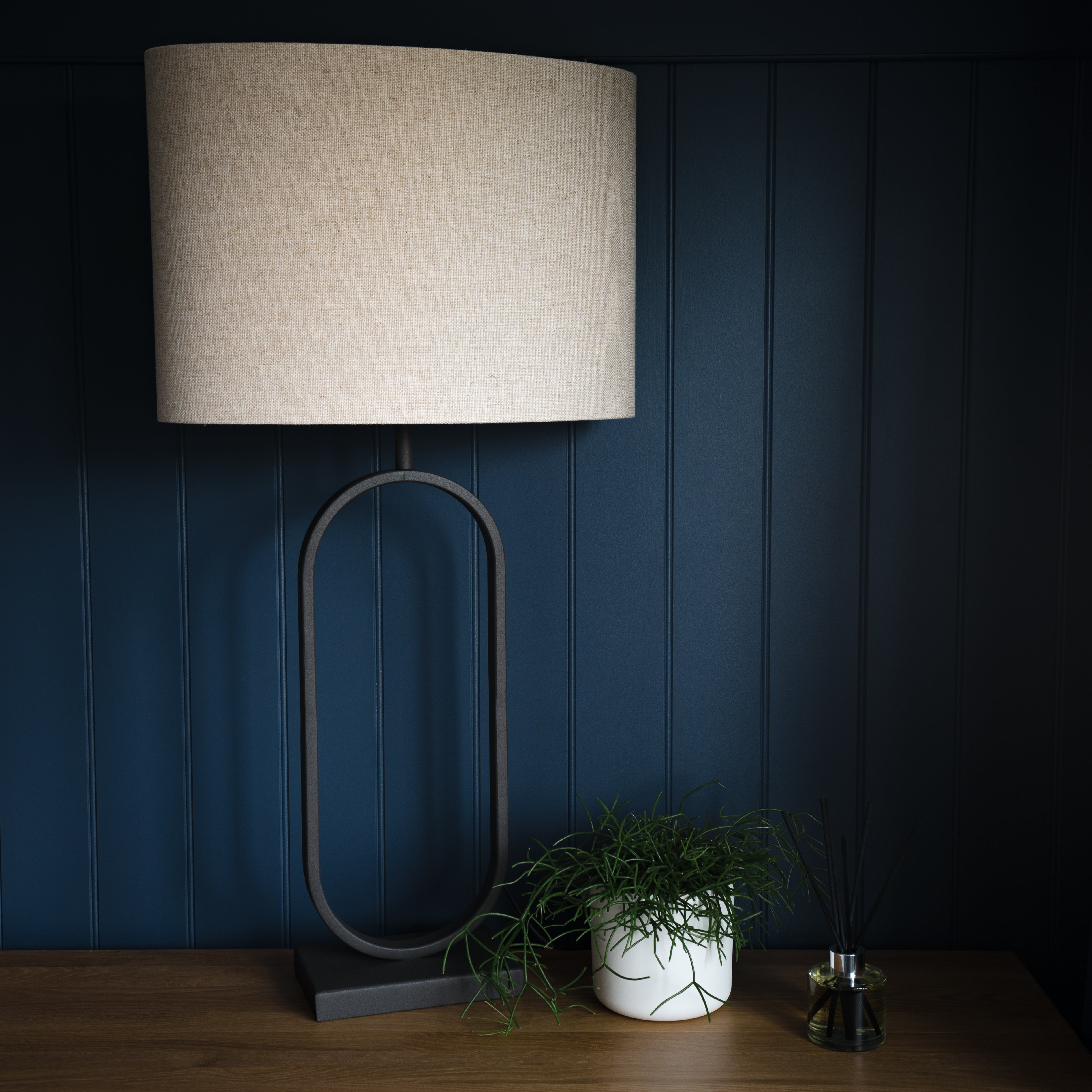 Jamiri Brown Metal Oval Table Lamp with Natural Linen Shade