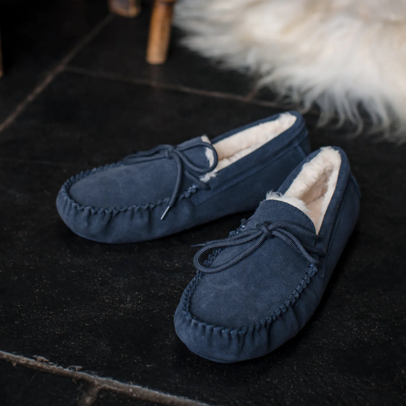 Ladies 'Susie' Lambswool Moccasin with Hard Sole - Navy