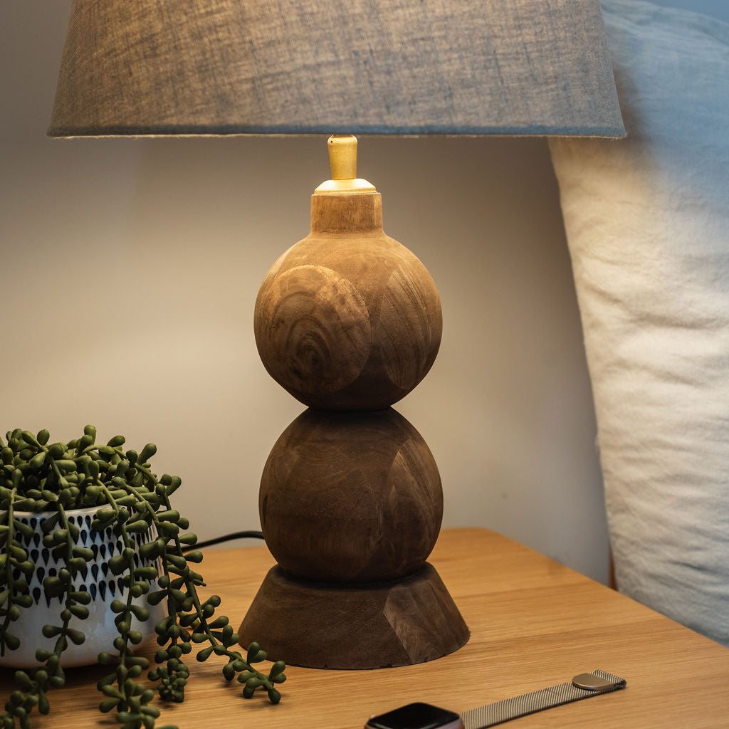 Frampton, Medium, Hand-carved Wooden Table Lamp with Beige Linen Shade