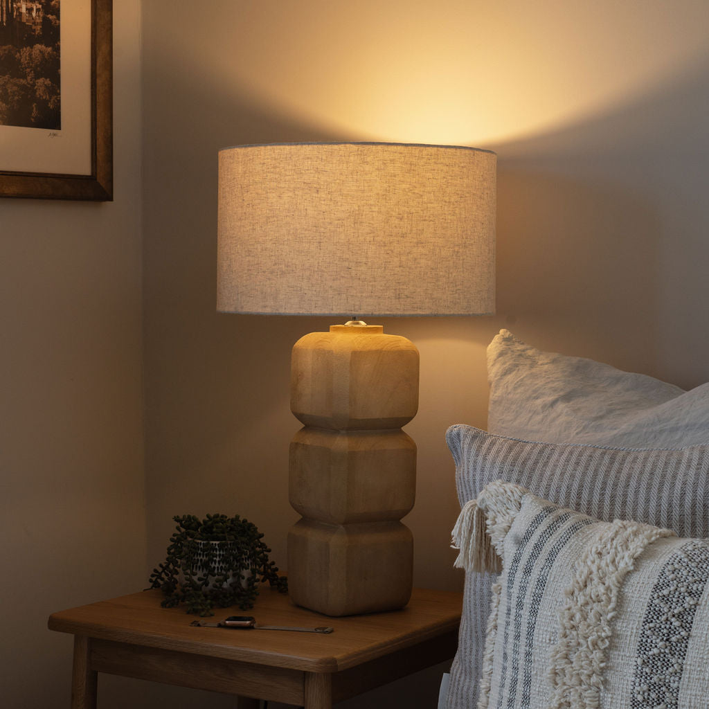 Pensford, Large Carved Wooden Table Lamp with Beige Shade