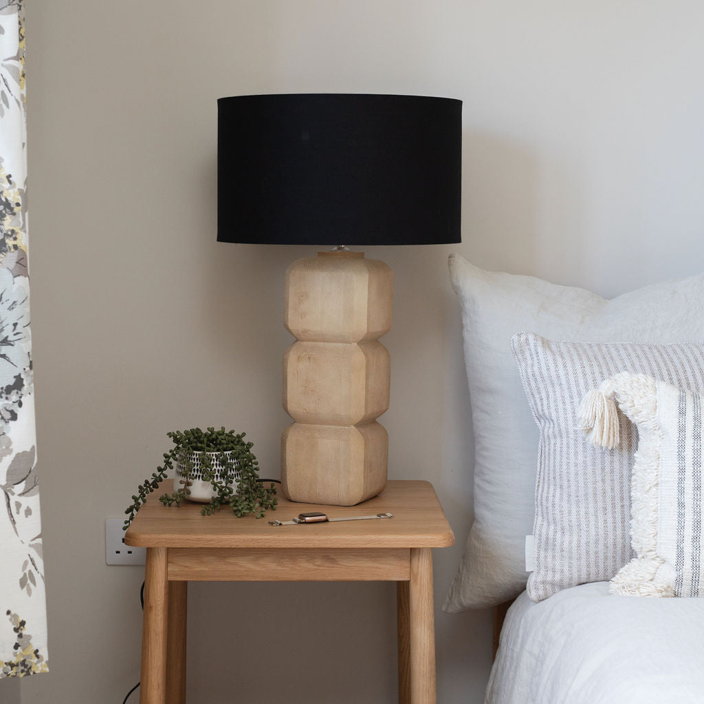 Yatton, Large Carved Wooden Table Lamp with Black Shade