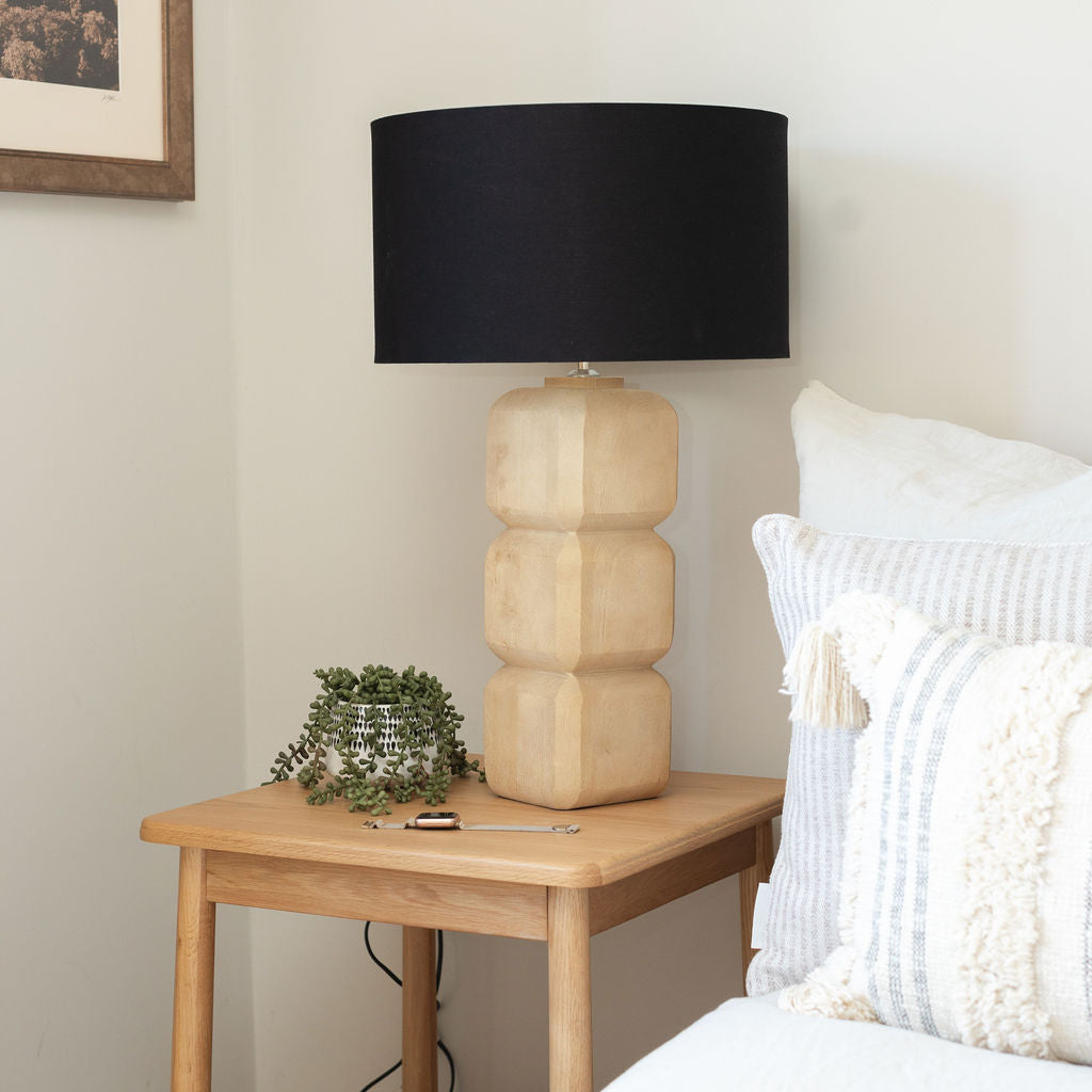 Yatton, Large Carved Wooden Table Lamp with Black Shade