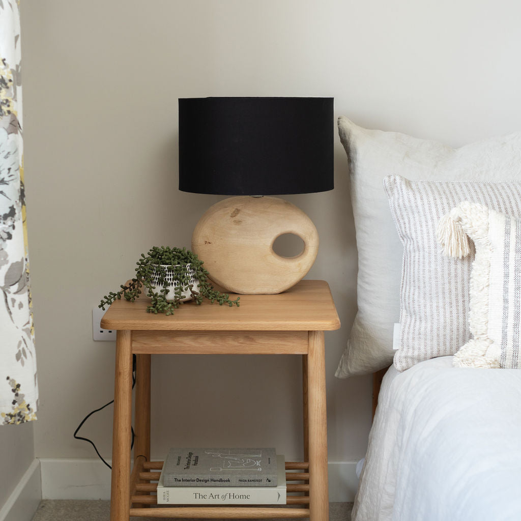 Badminton, Light Sandblasted Wooden Table Lamp with Black Cotton Shade